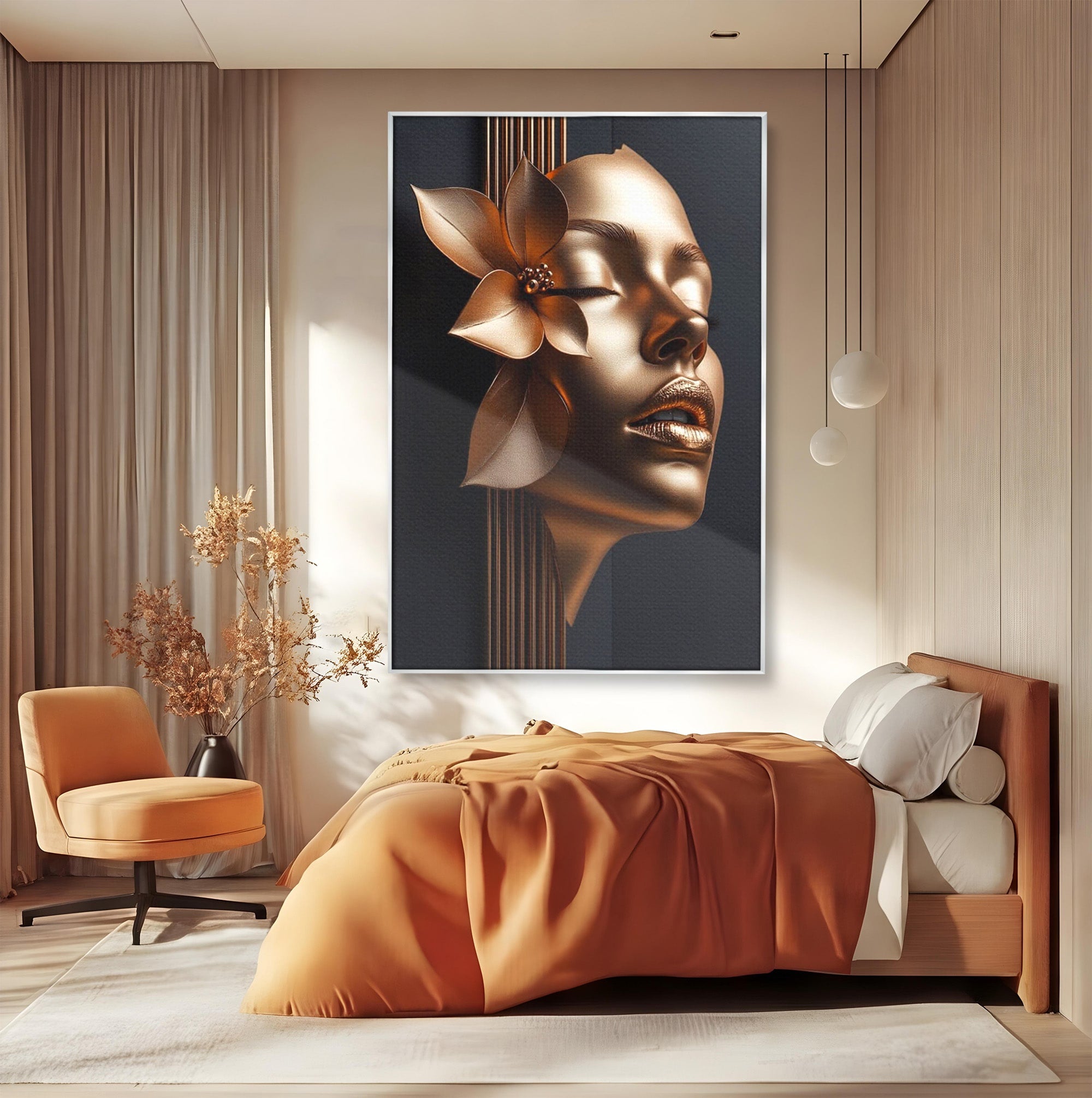 Tablou Canvas Premium LuxCanva® PI1266, Chip Auriu Cu Floare, Portret, Floral, Modern, Eleganta, Dormitor, Birou, Culori Vibrante