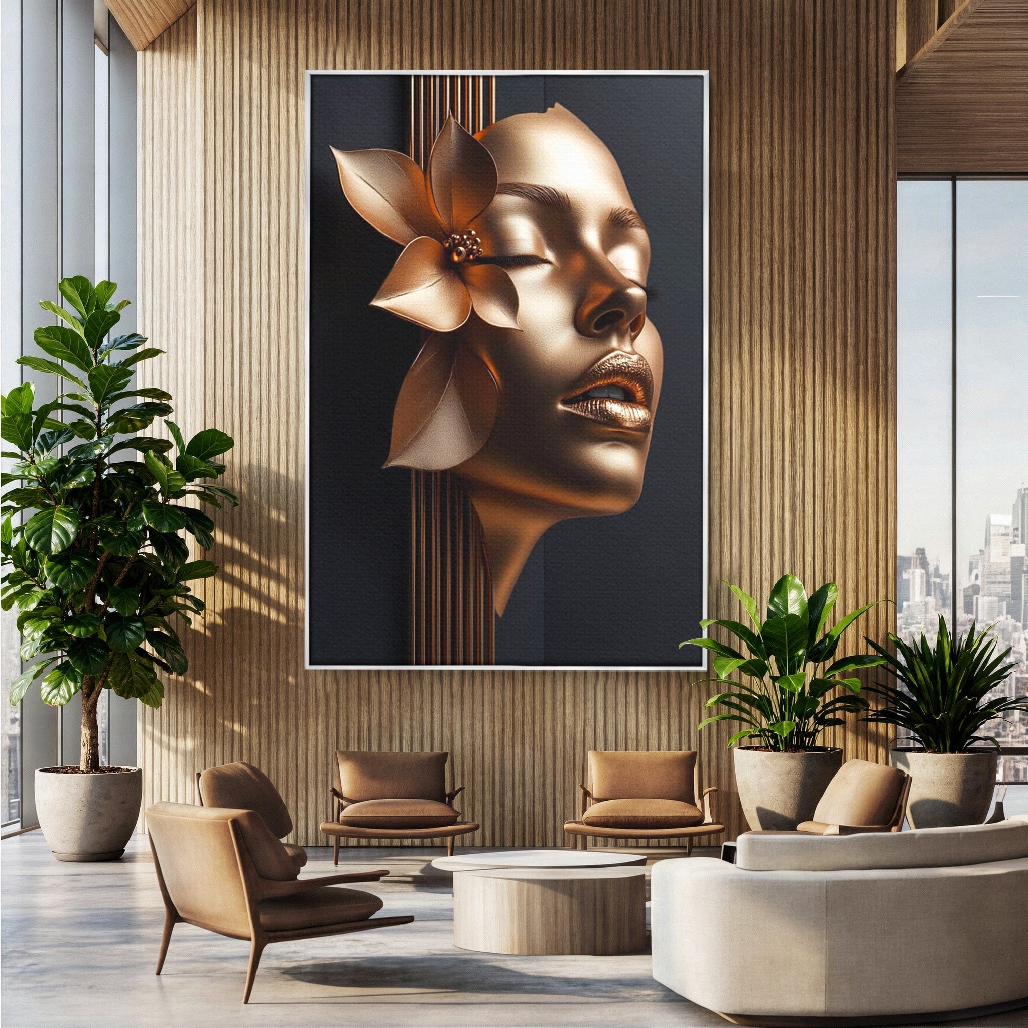 Tablou Canvas Premium LuxCanva® PI1266, Chip Auriu Cu Floare, Portret, Floral, Modern, Eleganta, Dormitor, Birou, Culori Vibrante