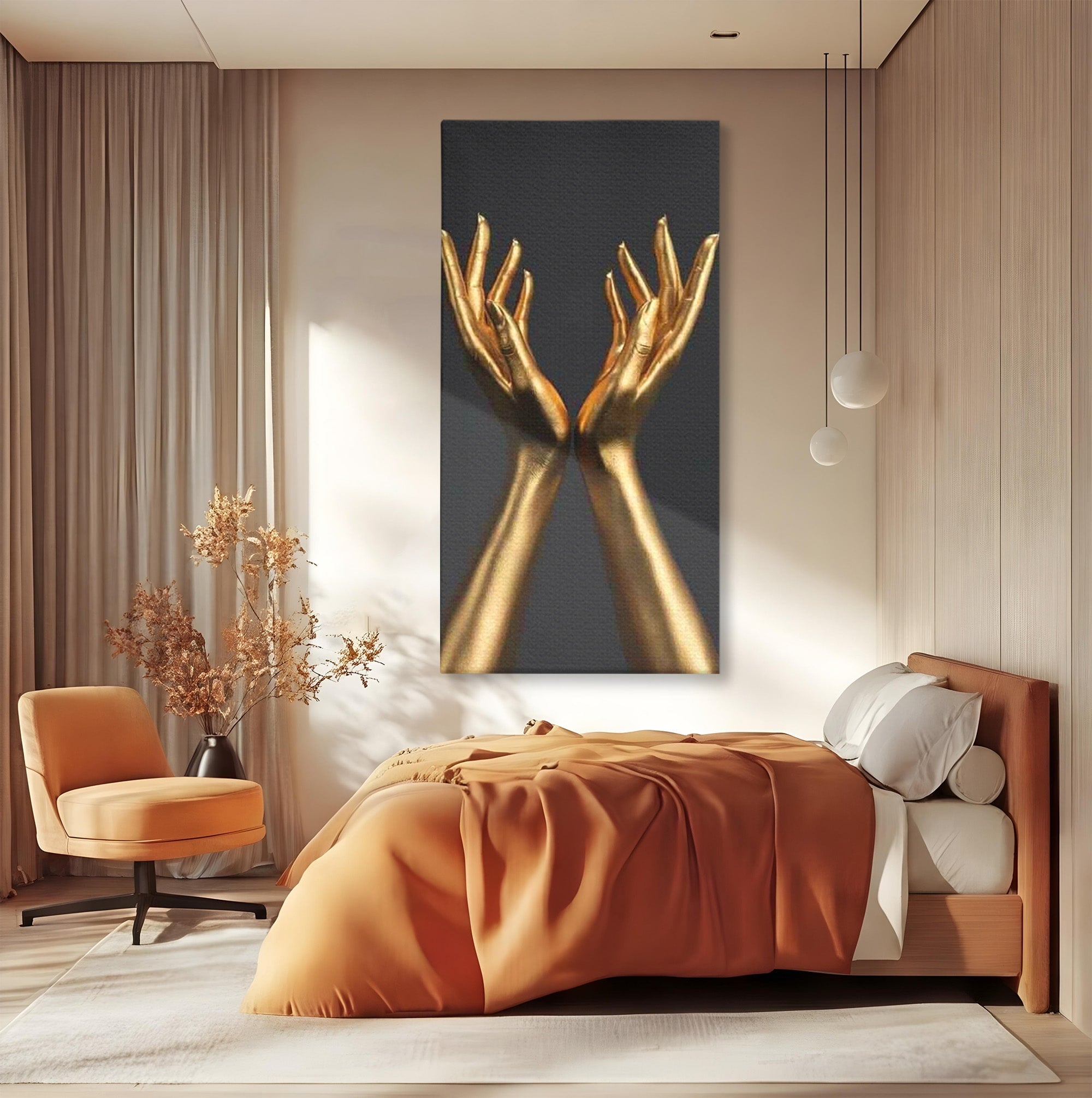 Tablou Canvas Premium LuxCanva® PI1271, Gestul Mainilor Aurii, Degete, Arta, Eleganta, Minimalism, Birou, Culori Vibrante
