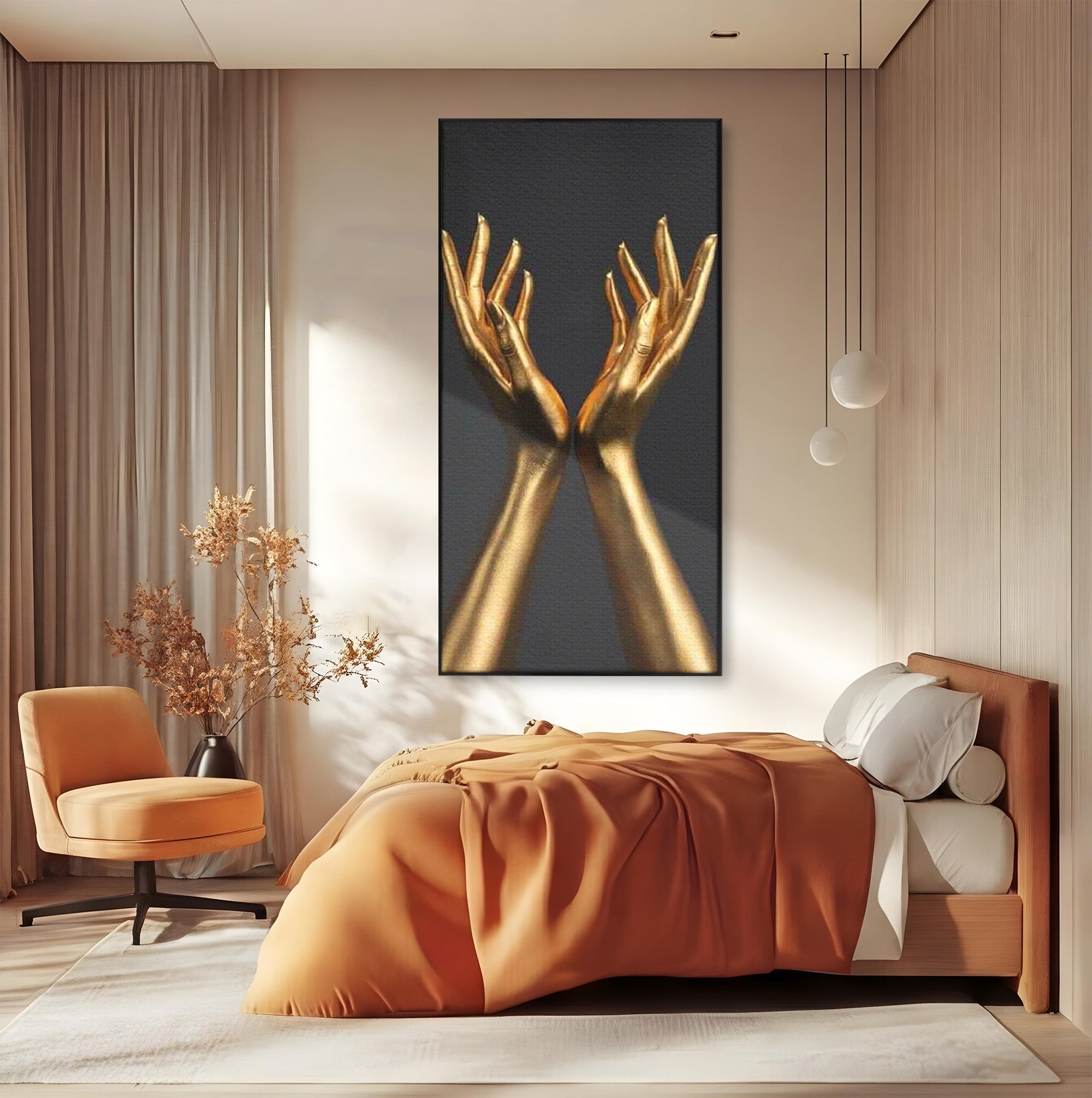 Tablou Canvas Premium LuxCanva® PI1271, Gestul Mainilor Aurii, Degete, Arta, Eleganta, Minimalism, Birou, Culori Vibrante