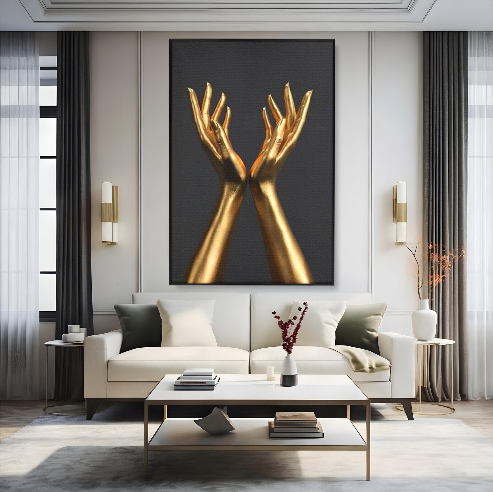 Tablou Canvas Premium LuxCanva® PI1271, Gestul Mainilor Aurii, Degete, Arta, Eleganta, Minimalism, Birou, Culori Vibrante