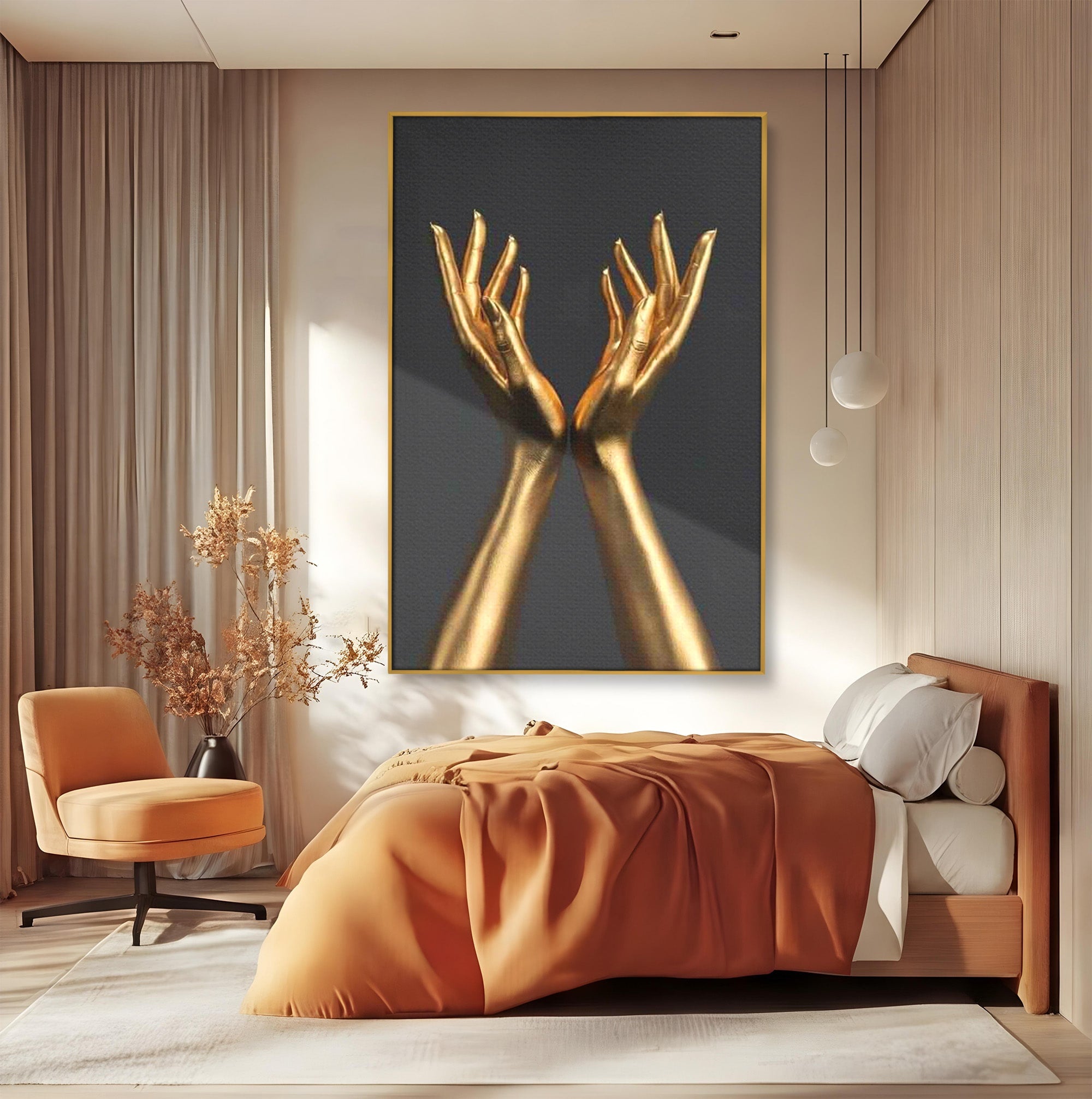 Tablou Canvas Premium LuxCanva® PI1271, Gestul Mainilor Aurii, Degete, Arta, Eleganta, Minimalism, Birou, Culori Vibrante