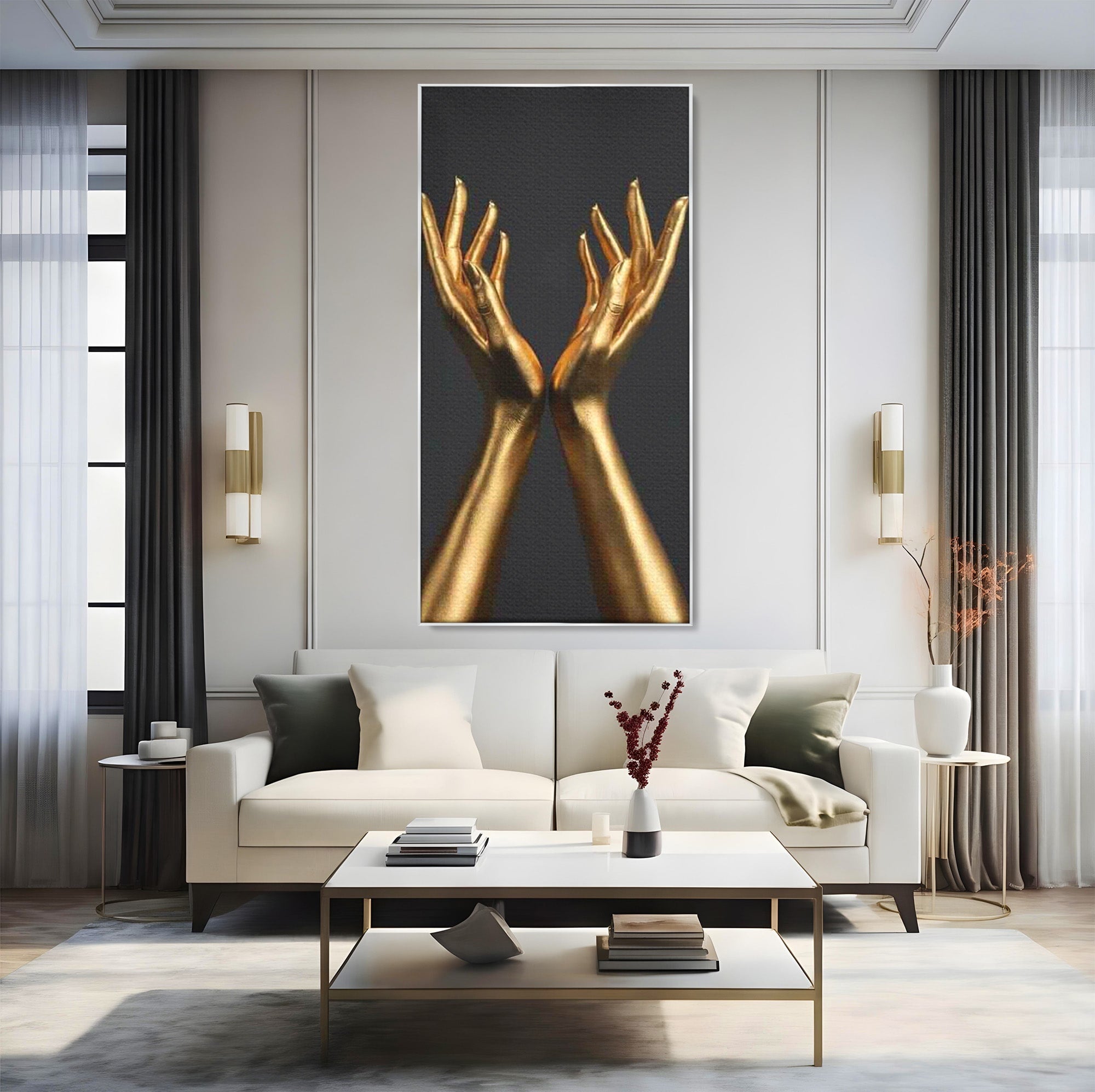 Tablou Canvas Premium LuxCanva® PI1271, Gestul Mainilor Aurii, Degete, Arta, Eleganta, Minimalism, Birou, Culori Vibrante