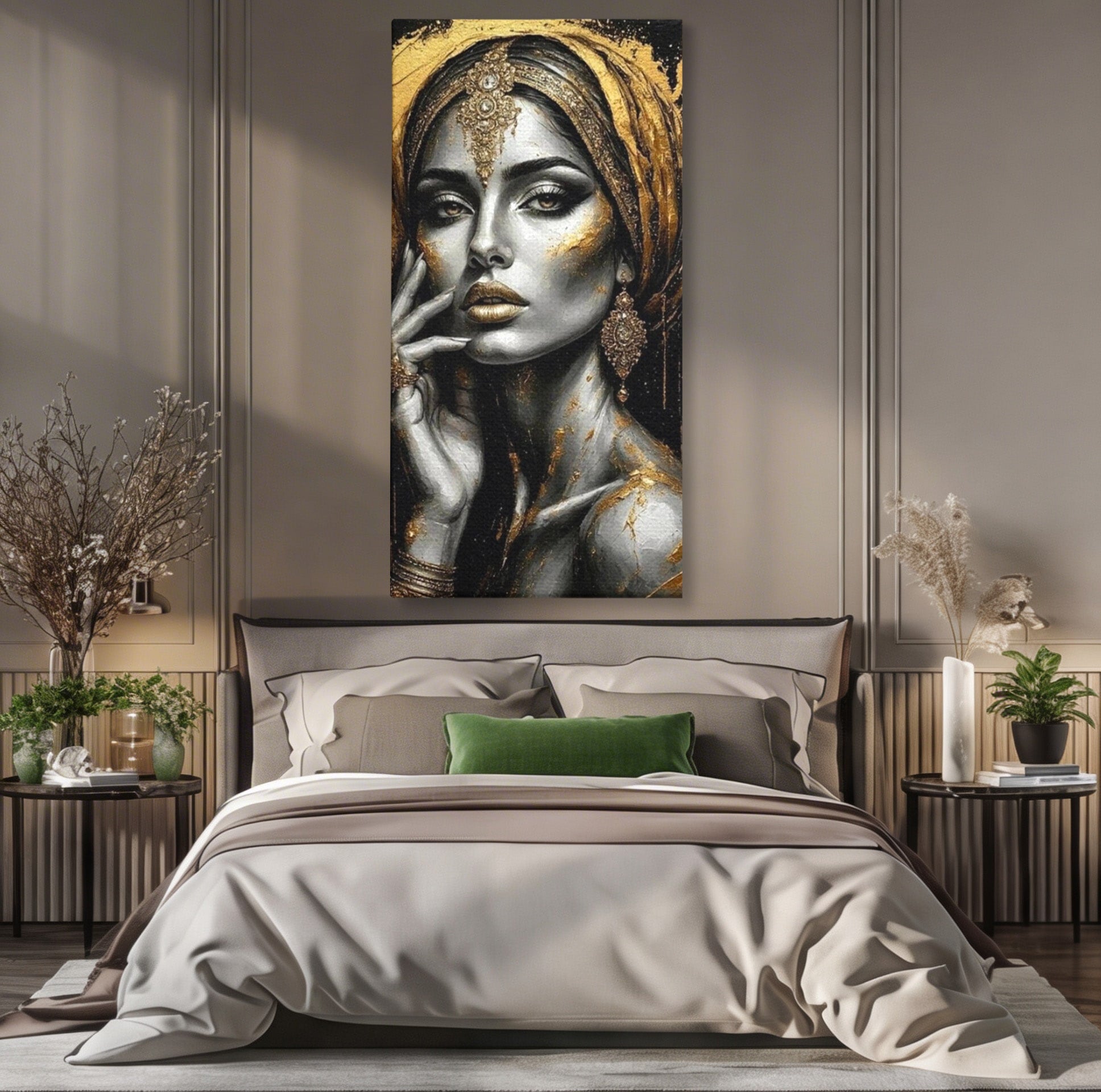 Tablou Canvas Premium LuxCanva® PI1274, Regina Misterioasa, Portret, Femeie, Eleganta, Arta, Dormitor, Culori Vibrante