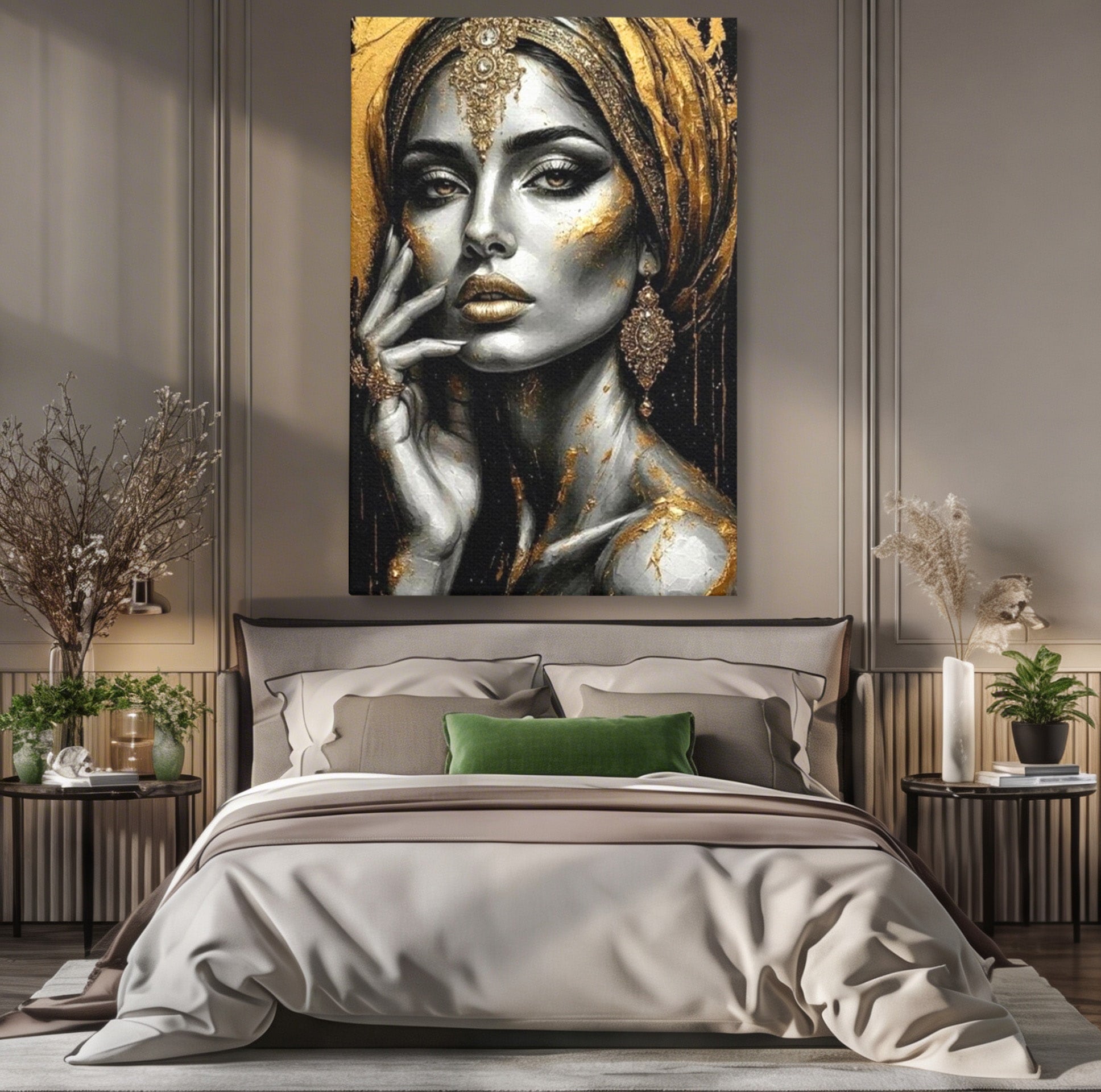 Tablou Canvas Premium LuxCanva® PI1274, Regina Misterioasa, Portret, Femeie, Eleganta, Arta, Dormitor, Culori Vibrante