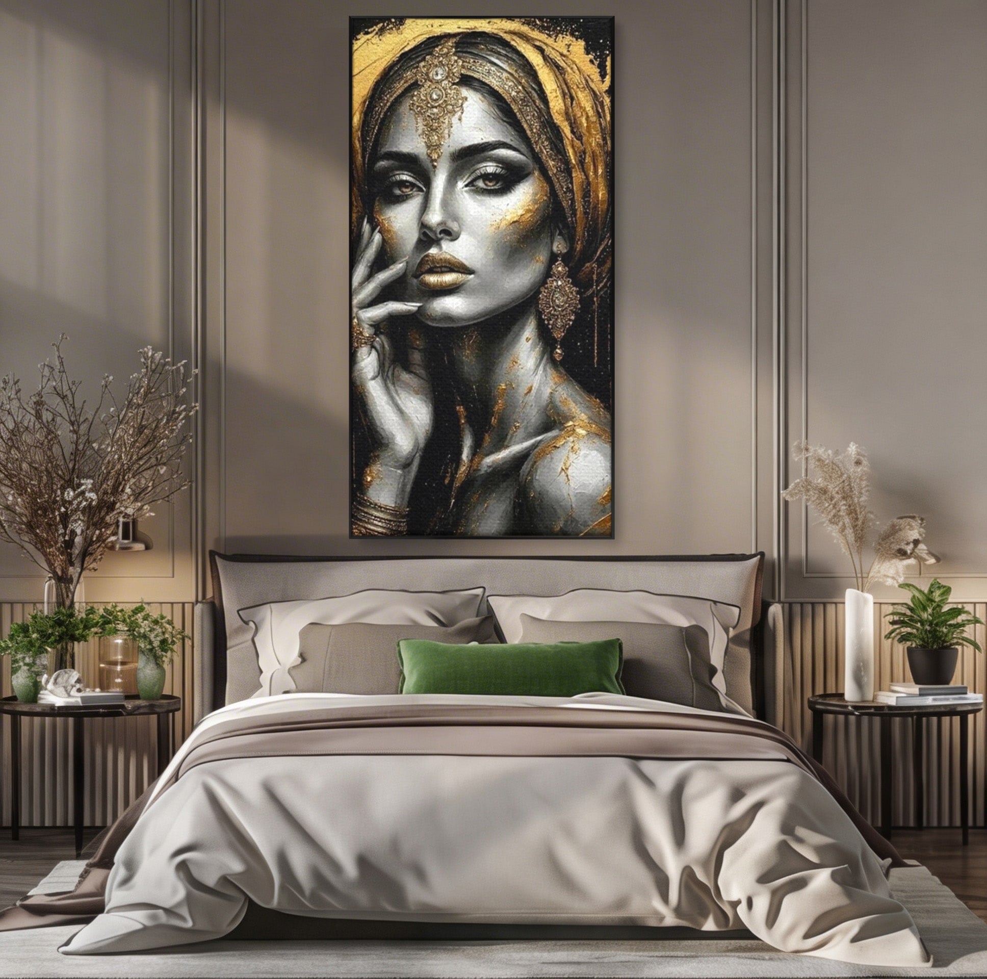 Tablou Canvas Premium LuxCanva® PI1274, Regina Misterioasa, Portret, Femeie, Eleganta, Arta, Dormitor, Culori Vibrante