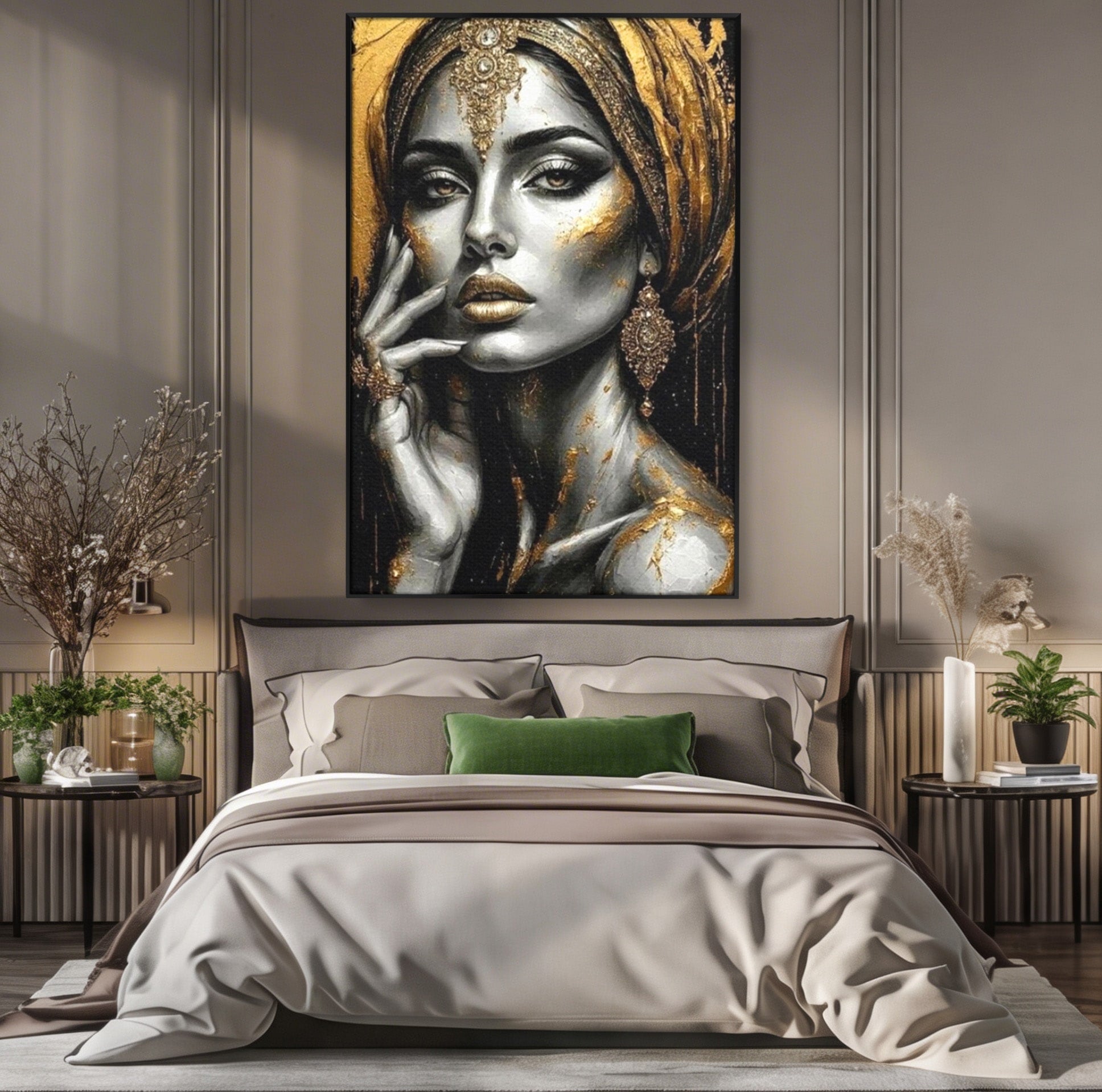 Tablou Canvas Premium LuxCanva® PI1274, Regina Misterioasa, Portret, Femeie, Eleganta, Arta, Dormitor, Culori Vibrante