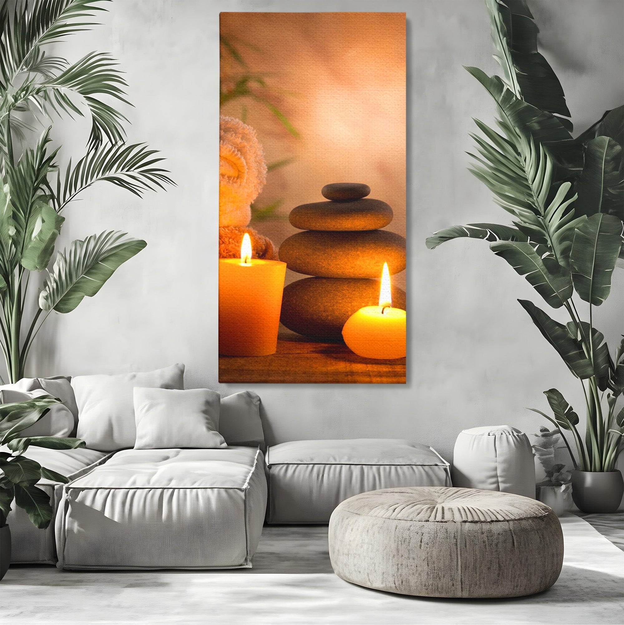 Tablou Canvas Premium LuxCanva® PI1277, Pietre Zen Si Lumanari, Relaxare, Meditatie, Flacara, Spa, Pietre, Dormitor, Hol, Culori Vibrante