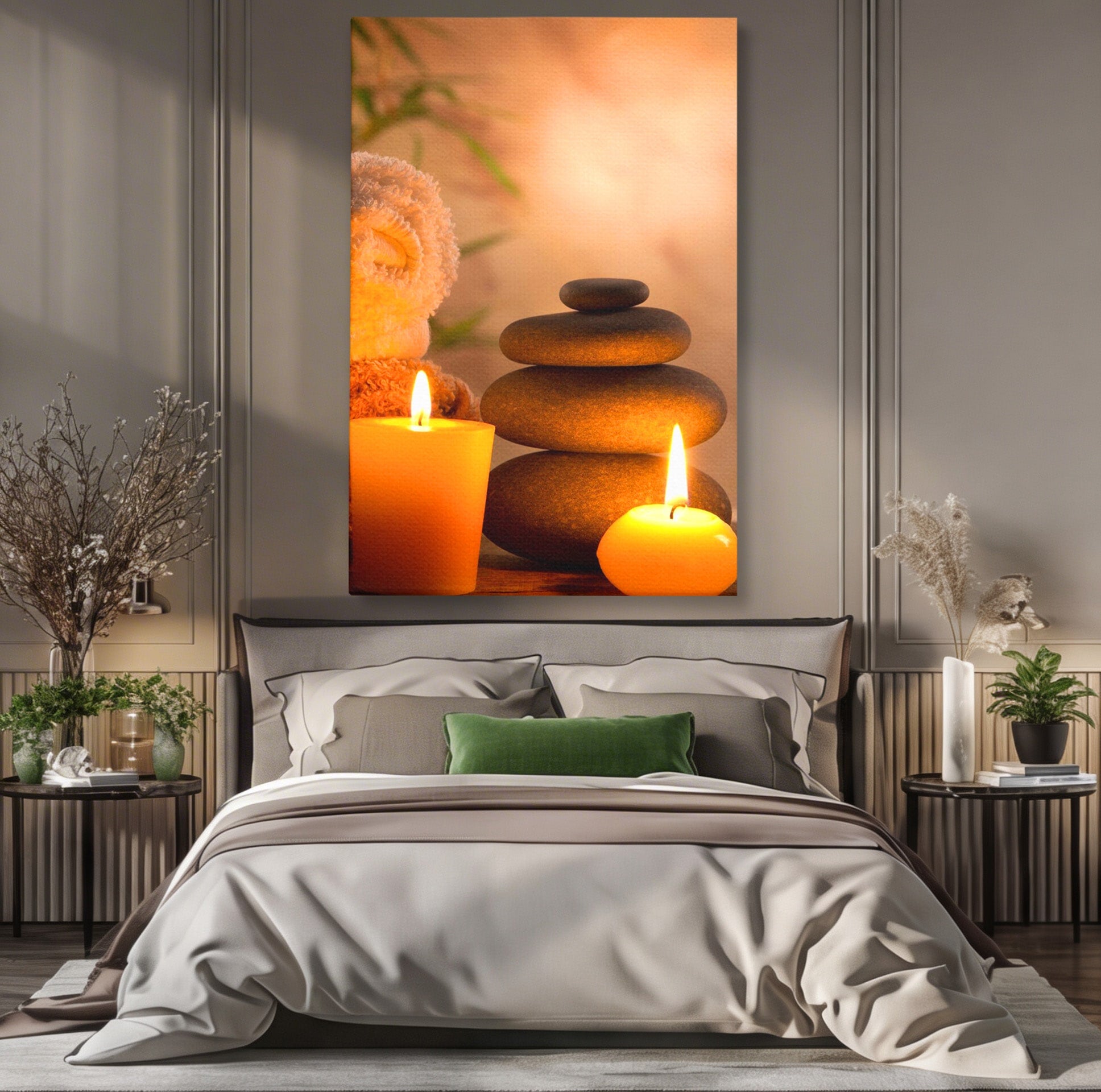 Tablou Canvas Premium LuxCanva® PI1277, Pietre Zen Si Lumanari, Relaxare, Meditatie, Flacara, Spa, Pietre, Dormitor, Hol, Culori Vibrante