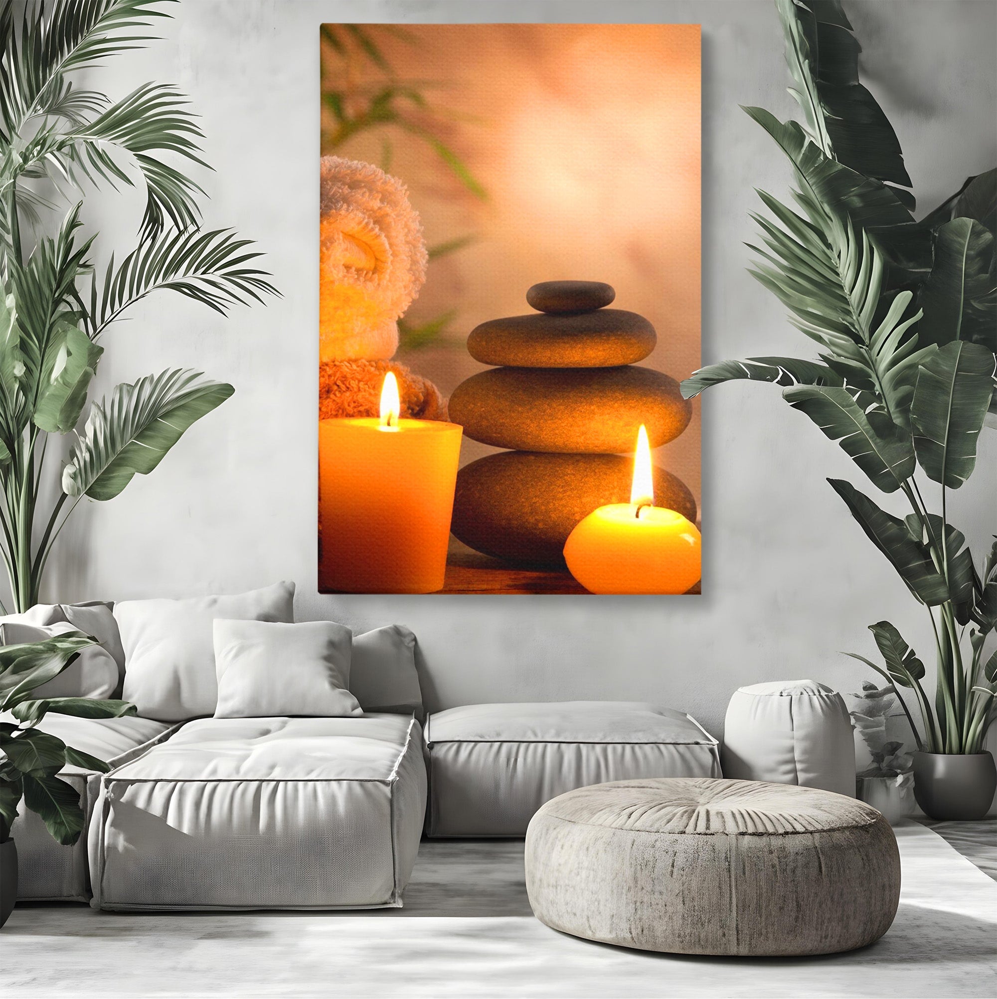 Tablou Canvas Premium LuxCanva® PI1277, Pietre Zen Si Lumanari, Relaxare, Meditatie, Flacara, Spa, Pietre, Dormitor, Hol, Culori Vibrante