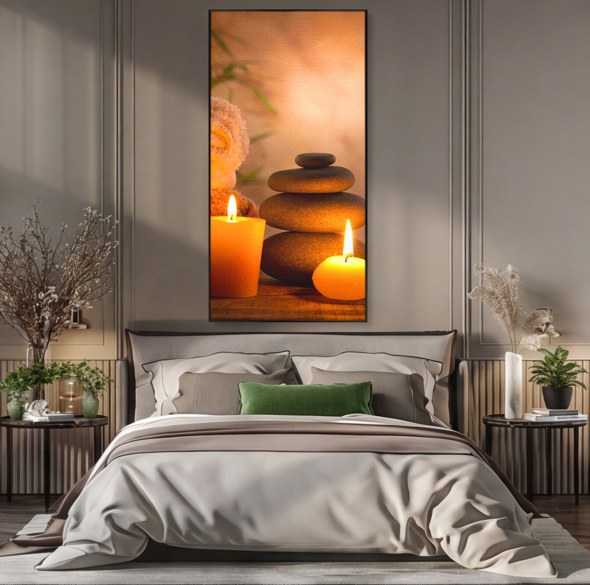 Tablou Canvas Premium LuxCanva® PI1277, Pietre Zen Si Lumanari, Relaxare, Meditatie, Flacara, Spa, Pietre, Dormitor, Hol, Culori Vibrante