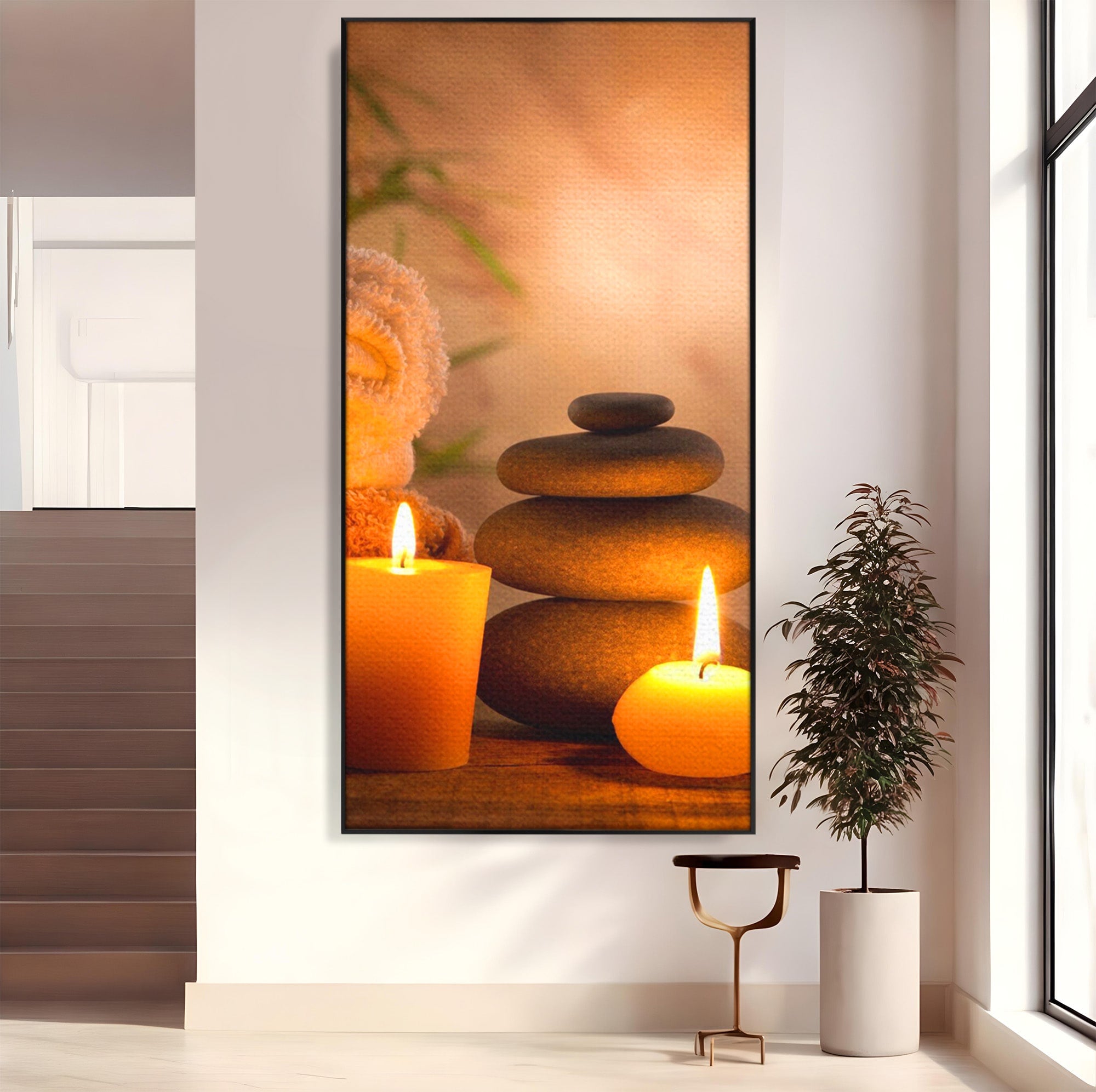 Tablou Canvas Premium LuxCanva® PI1277, Pietre Zen Si Lumanari, Relaxare, Meditatie, Flacara, Spa, Pietre, Dormitor, Hol, Culori Vibrante