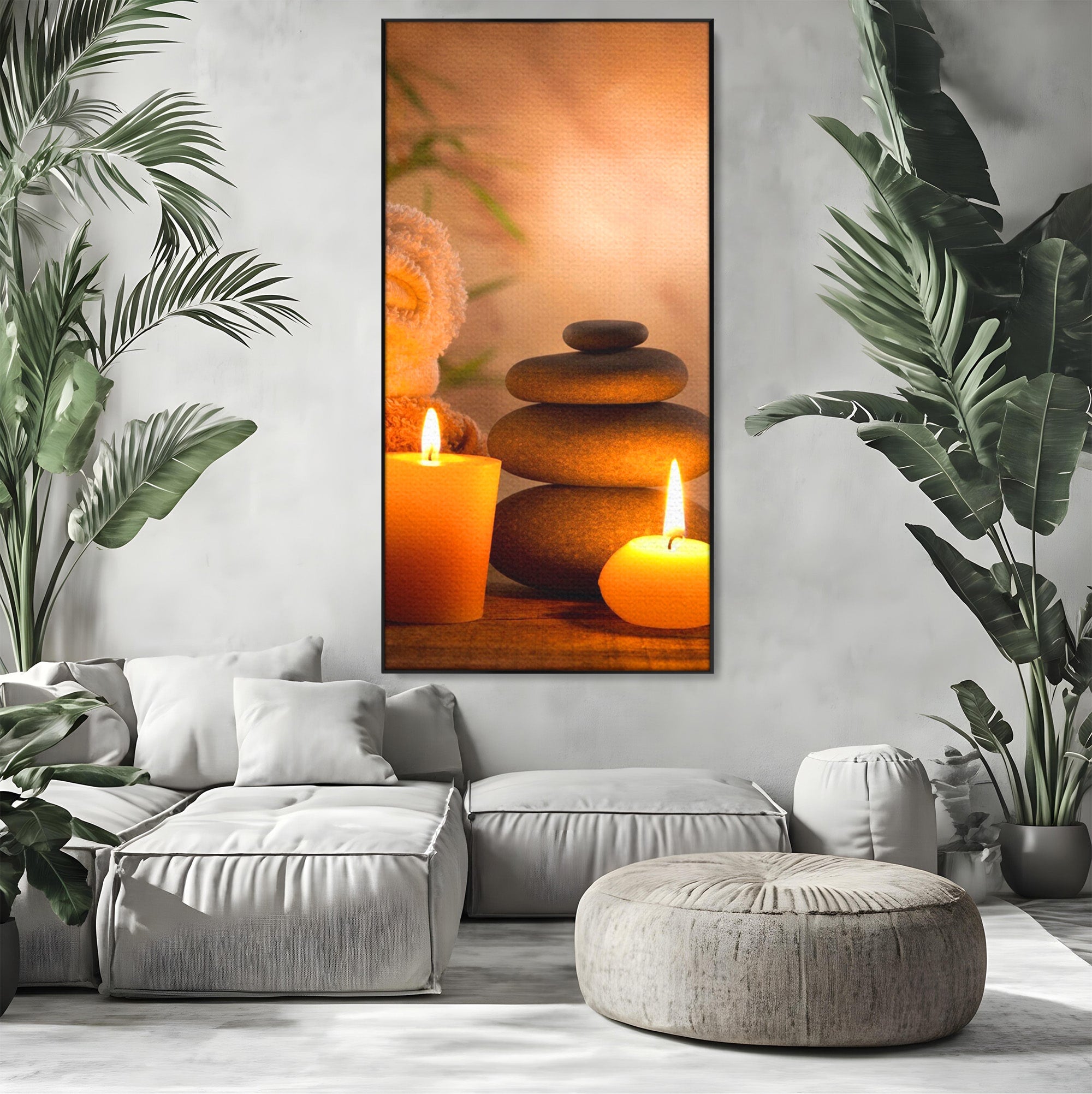 Tablou Canvas Premium LuxCanva® PI1277, Pietre Zen Si Lumanari, Relaxare, Meditatie, Flacara, Spa, Pietre, Dormitor, Hol, Culori Vibrante