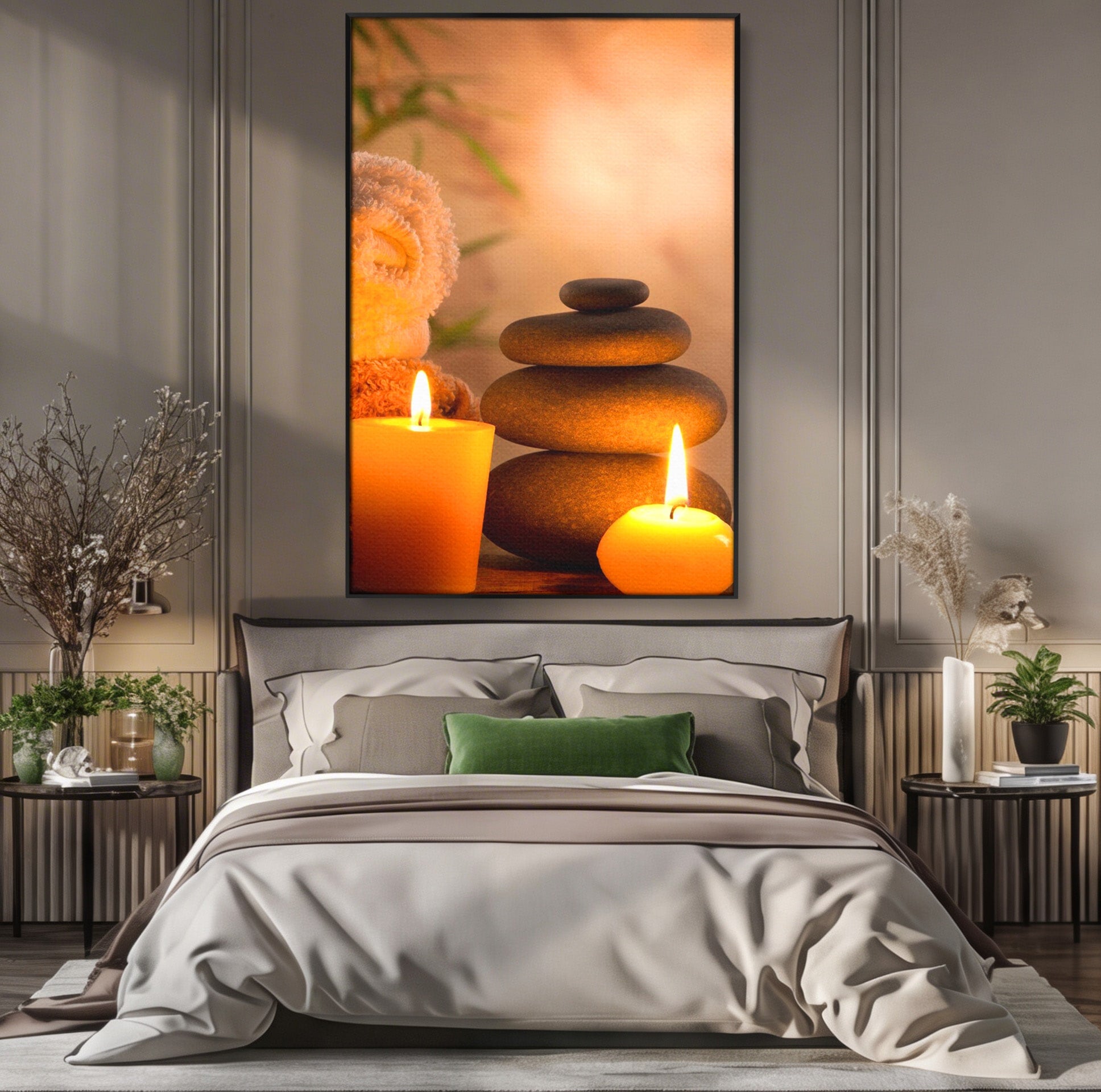 Tablou Canvas Premium LuxCanva® PI1277, Pietre Zen Si Lumanari, Relaxare, Meditatie, Flacara, Spa, Pietre, Dormitor, Hol, Culori Vibrante