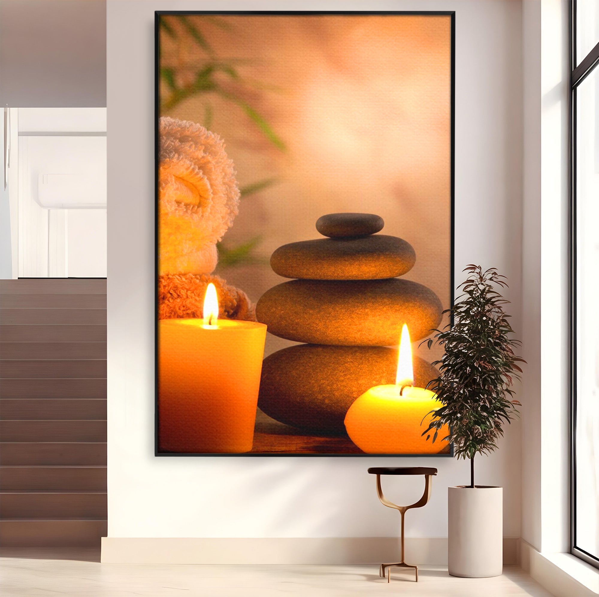 Tablou Canvas Premium LuxCanva® PI1277, Pietre Zen Si Lumanari, Relaxare, Meditatie, Flacara, Spa, Pietre, Dormitor, Hol, Culori Vibrante