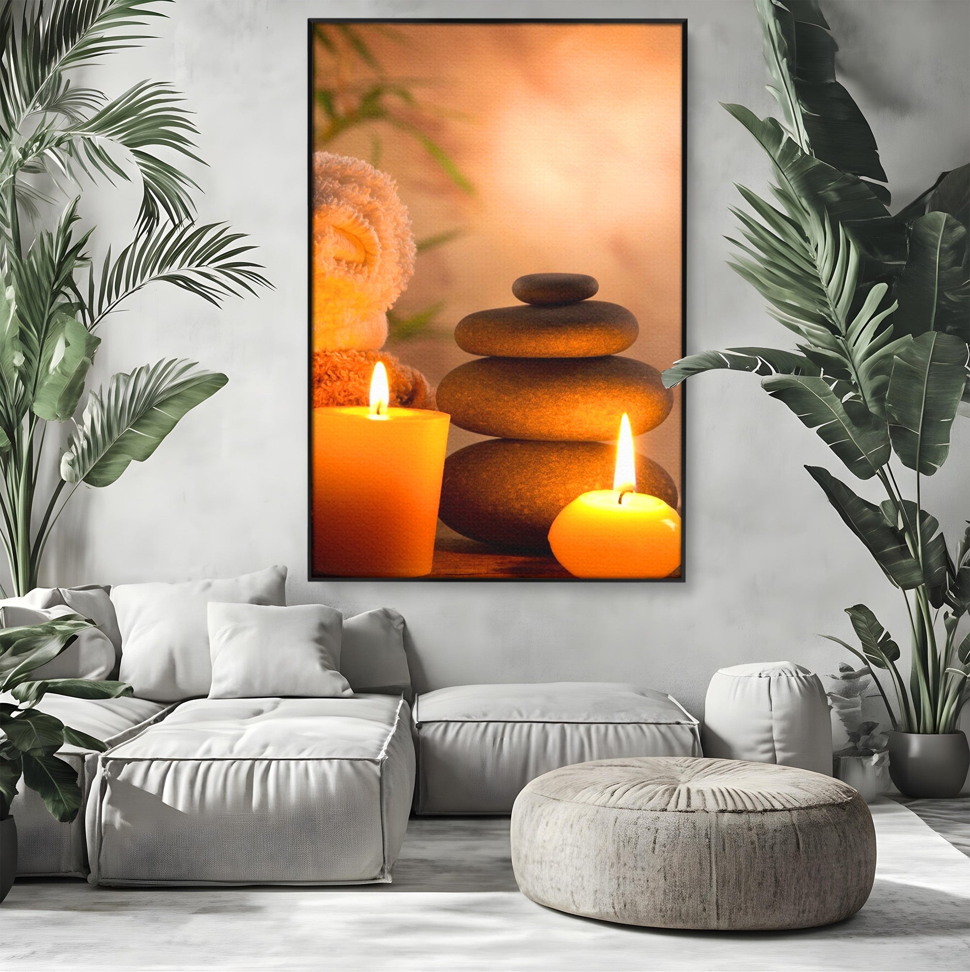 Tablou Canvas Premium LuxCanva® PI1277, Pietre Zen Si Lumanari, Relaxare, Meditatie, Flacara, Spa, Pietre, Dormitor, Hol, Culori Vibrante