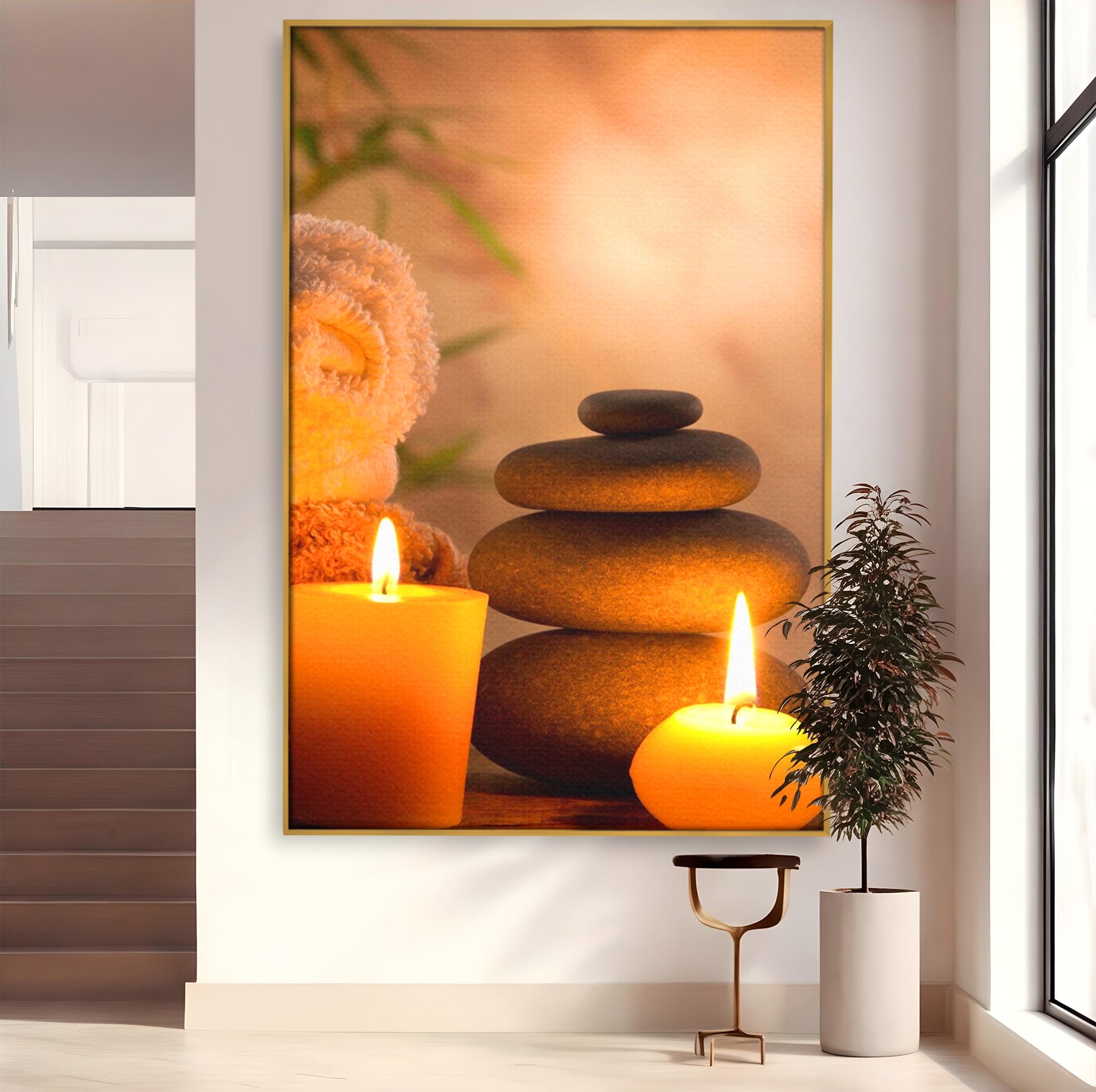 Tablou Canvas Premium LuxCanva® PI1277, Pietre Zen Si Lumanari, Relaxare, Meditatie, Flacara, Spa, Pietre, Dormitor, Hol, Culori Vibrante