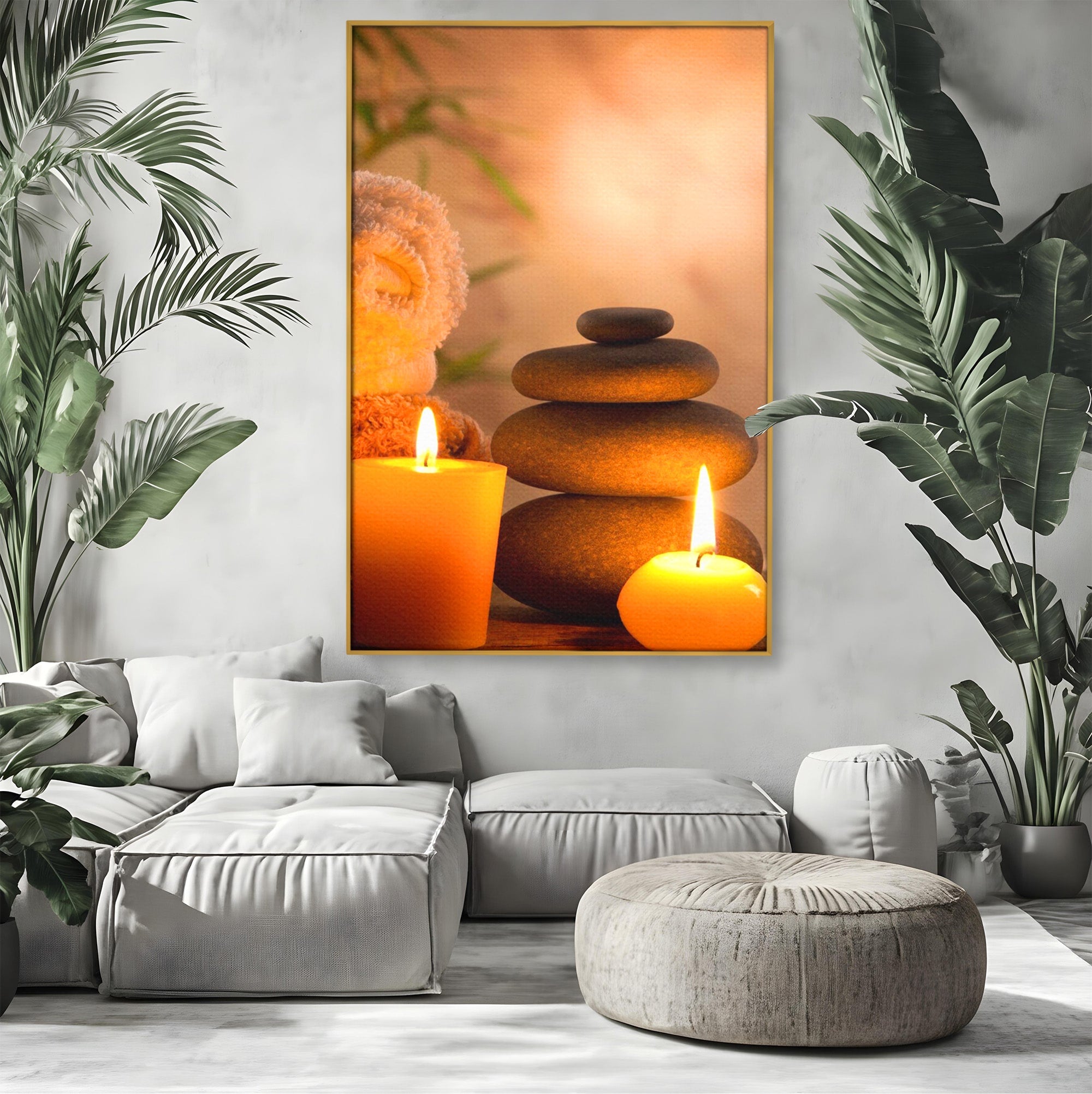 Tablou Canvas Premium LuxCanva® PI1277, Pietre Zen Si Lumanari, Relaxare, Meditatie, Flacara, Spa, Pietre, Dormitor, Hol, Culori Vibrante