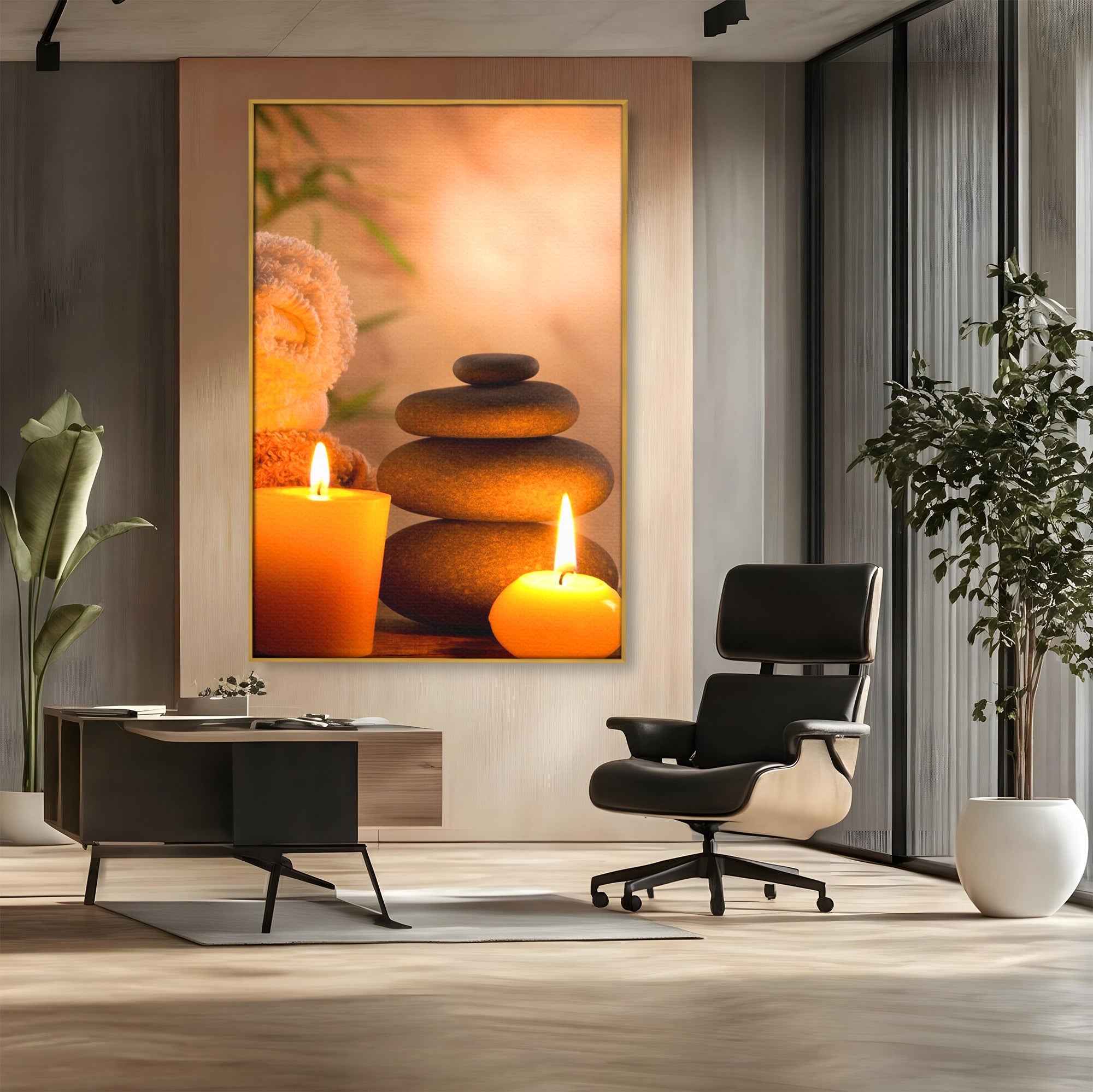 Tablou Canvas Premium LuxCanva® PI1277, Pietre Zen Si Lumanari, Relaxare, Meditatie, Flacara, Spa, Pietre, Dormitor, Hol, Culori Vibrante