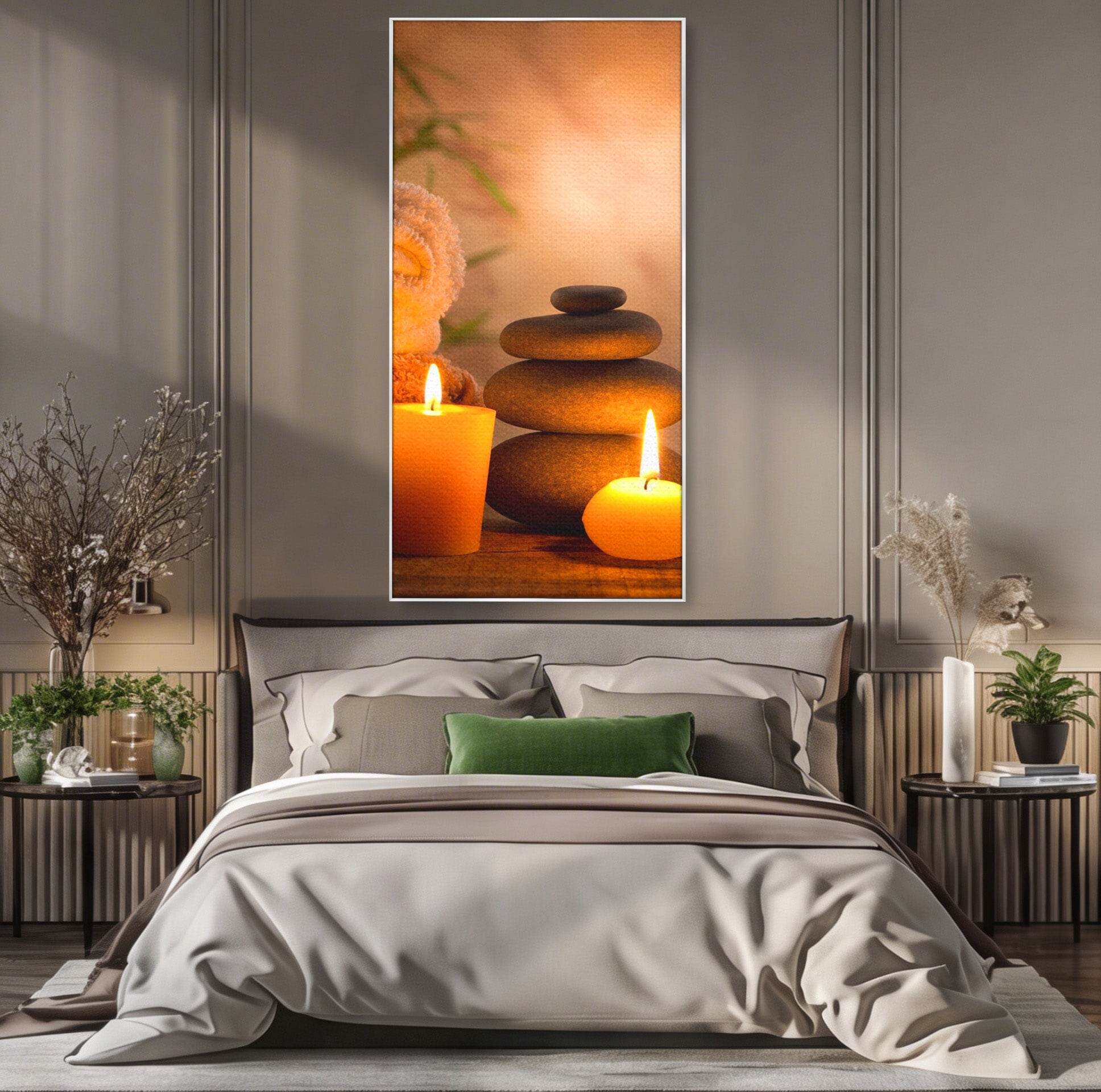 Tablou Canvas Premium LuxCanva® PI1277, Pietre Zen Si Lumanari, Relaxare, Meditatie, Flacara, Spa, Pietre, Dormitor, Hol, Culori Vibrante