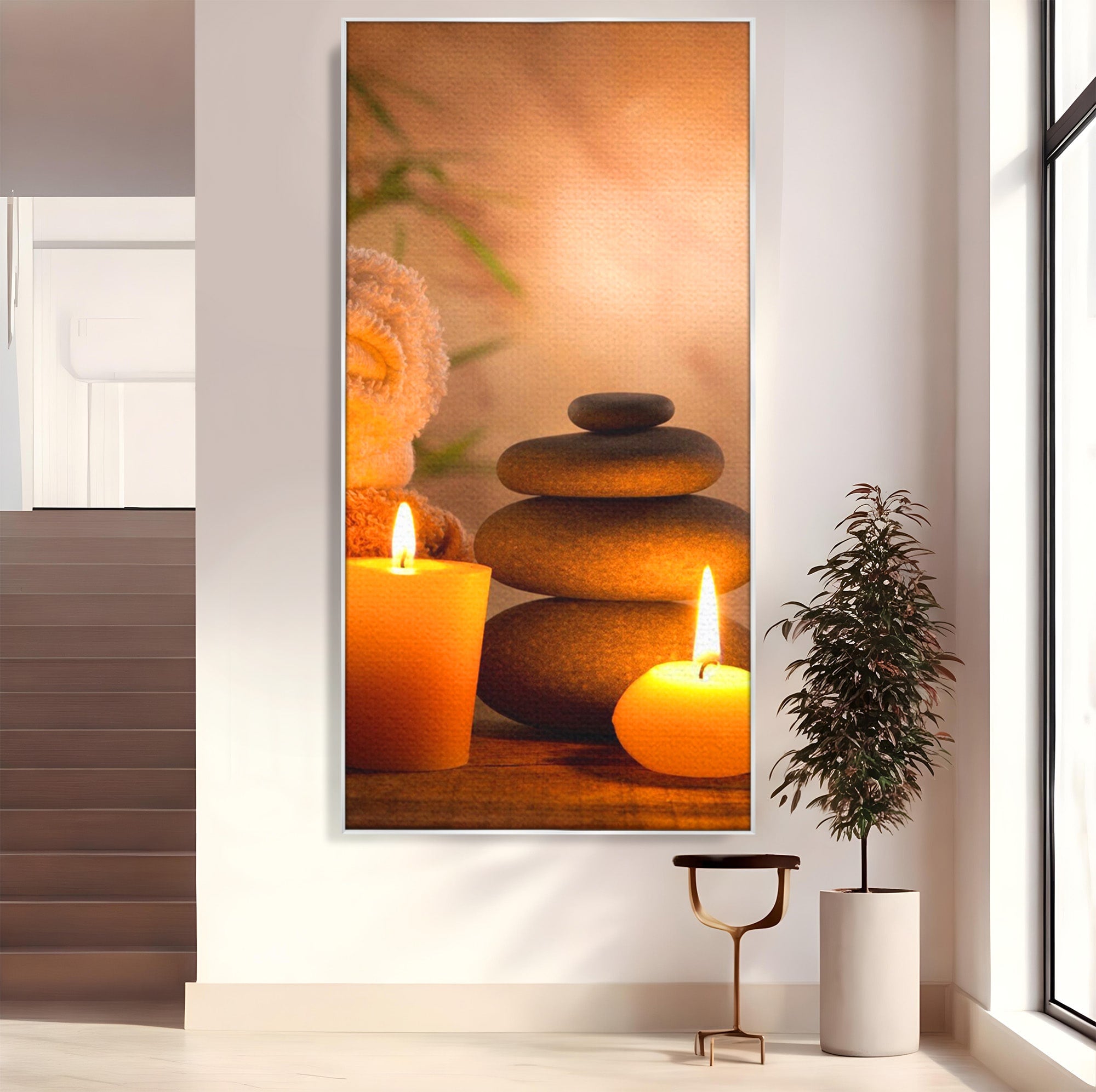 Tablou Canvas Premium LuxCanva® PI1277, Pietre Zen Si Lumanari, Relaxare, Meditatie, Flacara, Spa, Pietre, Dormitor, Hol, Culori Vibrante