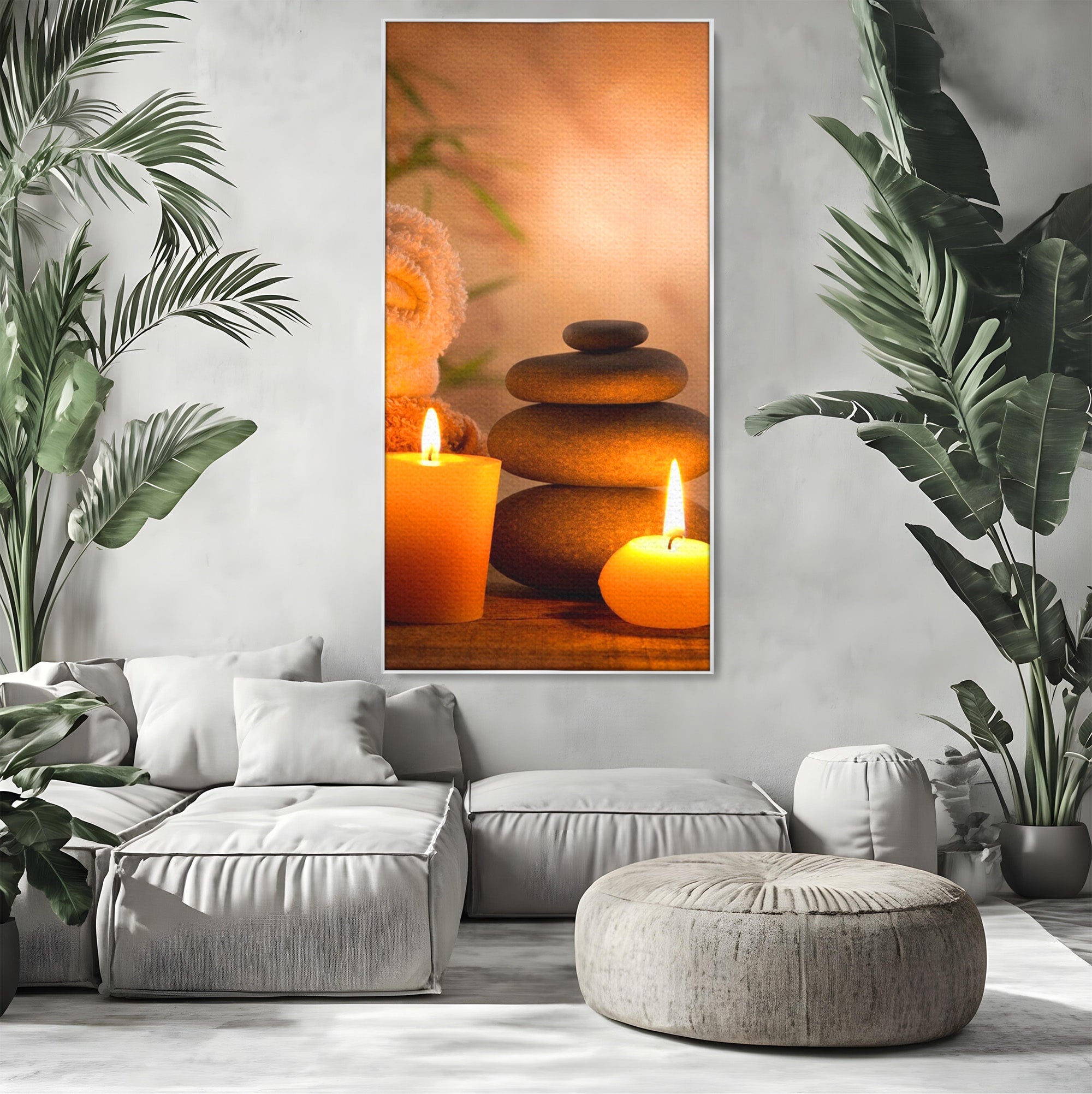 Tablou Canvas Premium LuxCanva® PI1277, Pietre Zen Si Lumanari, Relaxare, Meditatie, Flacara, Spa, Pietre, Dormitor, Hol, Culori Vibrante