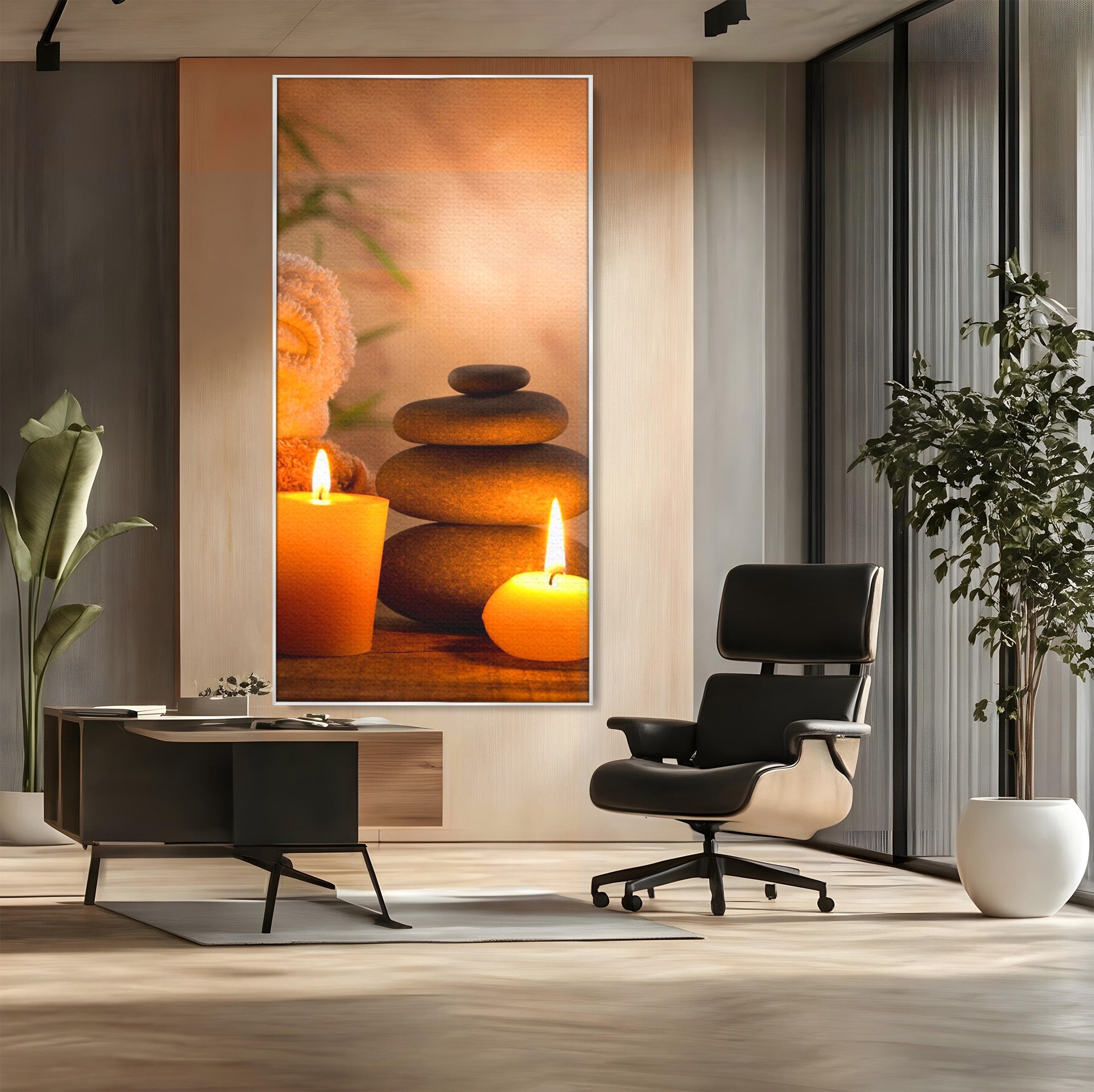 Tablou Canvas Premium LuxCanva® PI1277, Pietre Zen Si Lumanari, Relaxare, Meditatie, Flacara, Spa, Pietre, Dormitor, Hol, Culori Vibrante