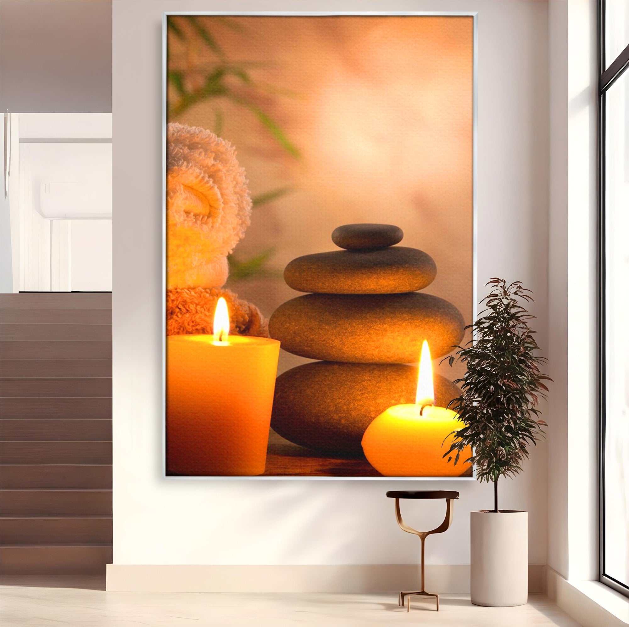 Tablou Canvas Premium LuxCanva® PI1277, Pietre Zen Si Lumanari, Relaxare, Meditatie, Flacara, Spa, Pietre, Dormitor, Hol, Culori Vibrante