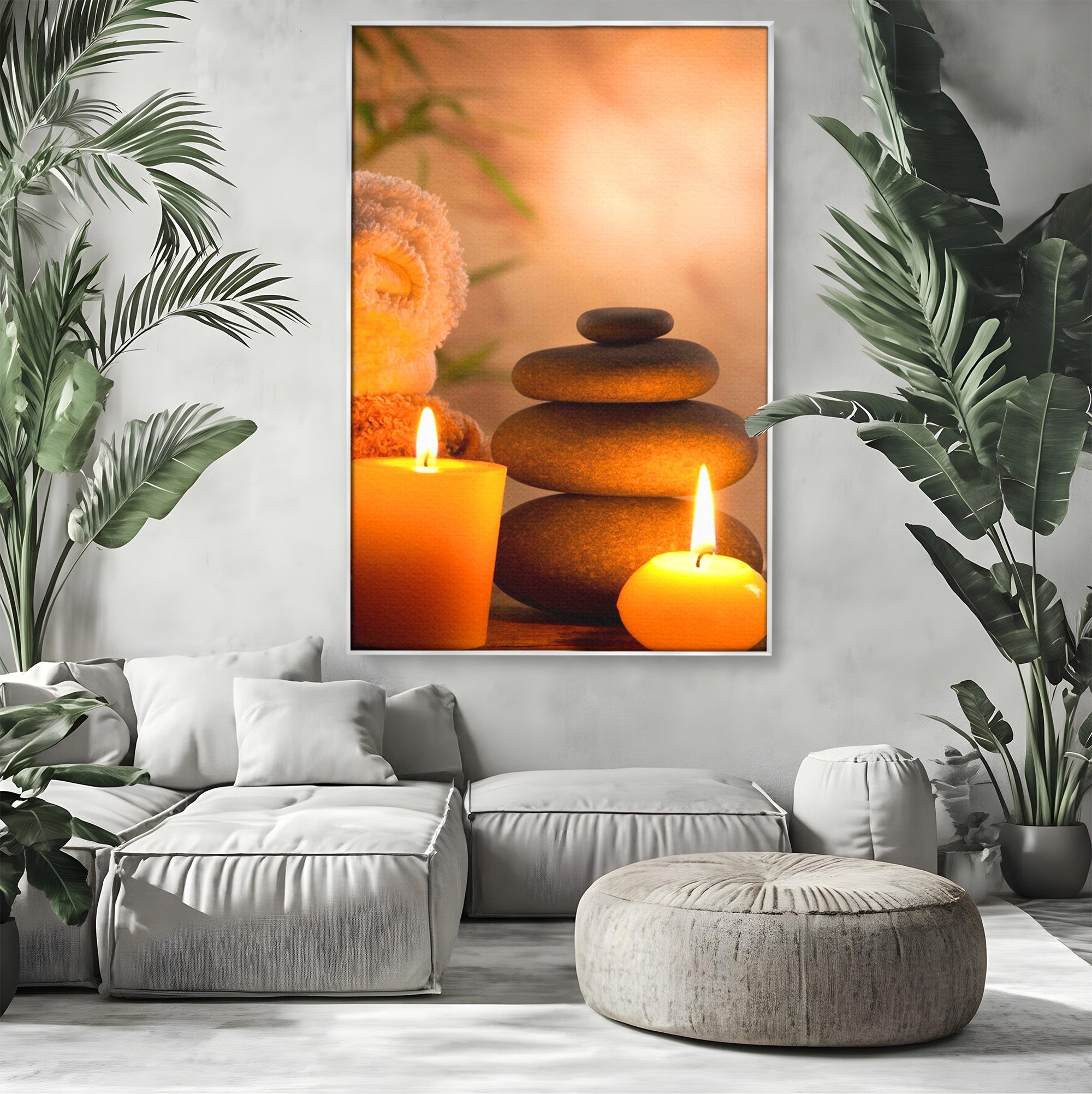 Tablou Canvas Premium LuxCanva® PI1277, Pietre Zen Si Lumanari, Relaxare, Meditatie, Flacara, Spa, Pietre, Dormitor, Hol, Culori Vibrante