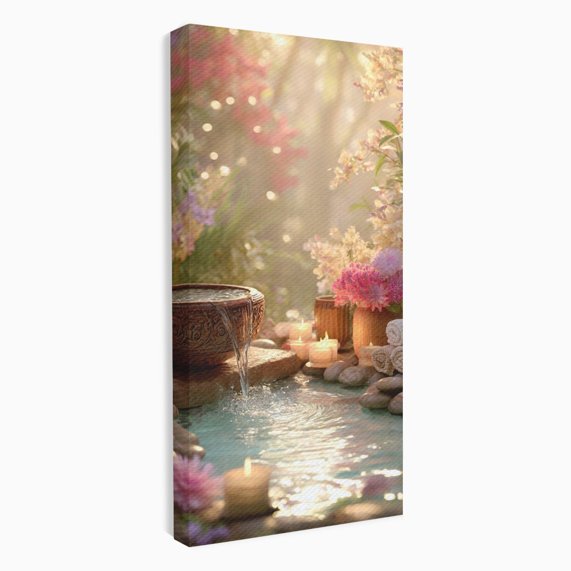 Tablou Canvas Premium LuxCanva® PI1279, Rasarit In Gradina Zen, Oaza, Relaxare, Flori, Spa, Dormitor, Baie, Culori Vibrante