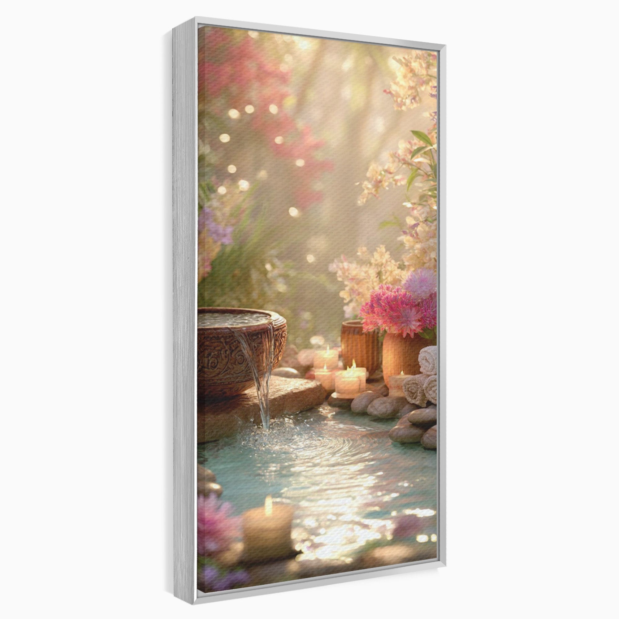 Tablou Canvas Premium LuxCanva® PI1279, Rasarit In Gradina Zen, Oaza, Relaxare, Flori, Spa, Dormitor, Baie, Culori Vibrante