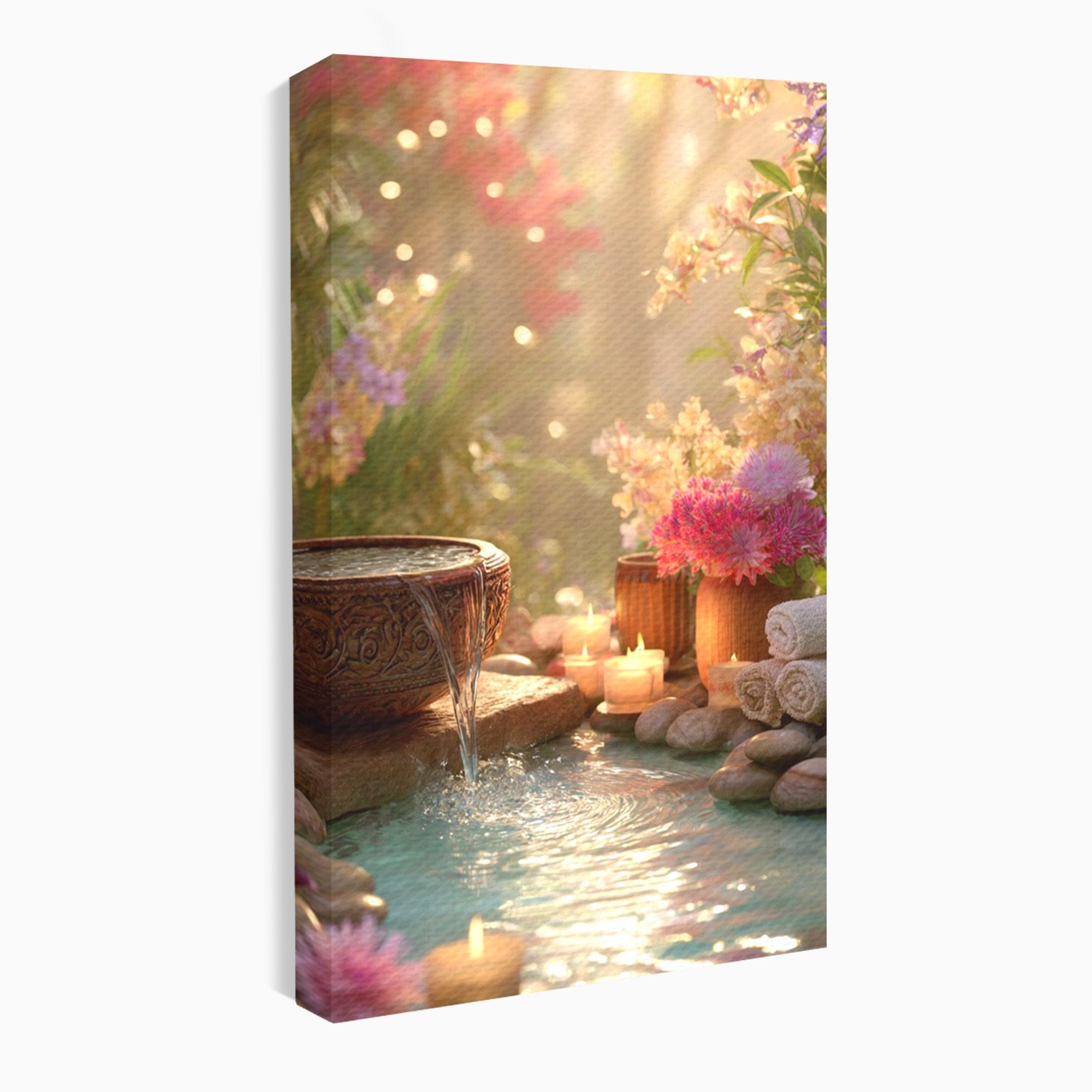 Tablou Canvas Premium LuxCanva® PI1279, Rasarit In Gradina Zen, Oaza, Relaxare, Flori, Spa, Dormitor, Baie, Culori Vibrante