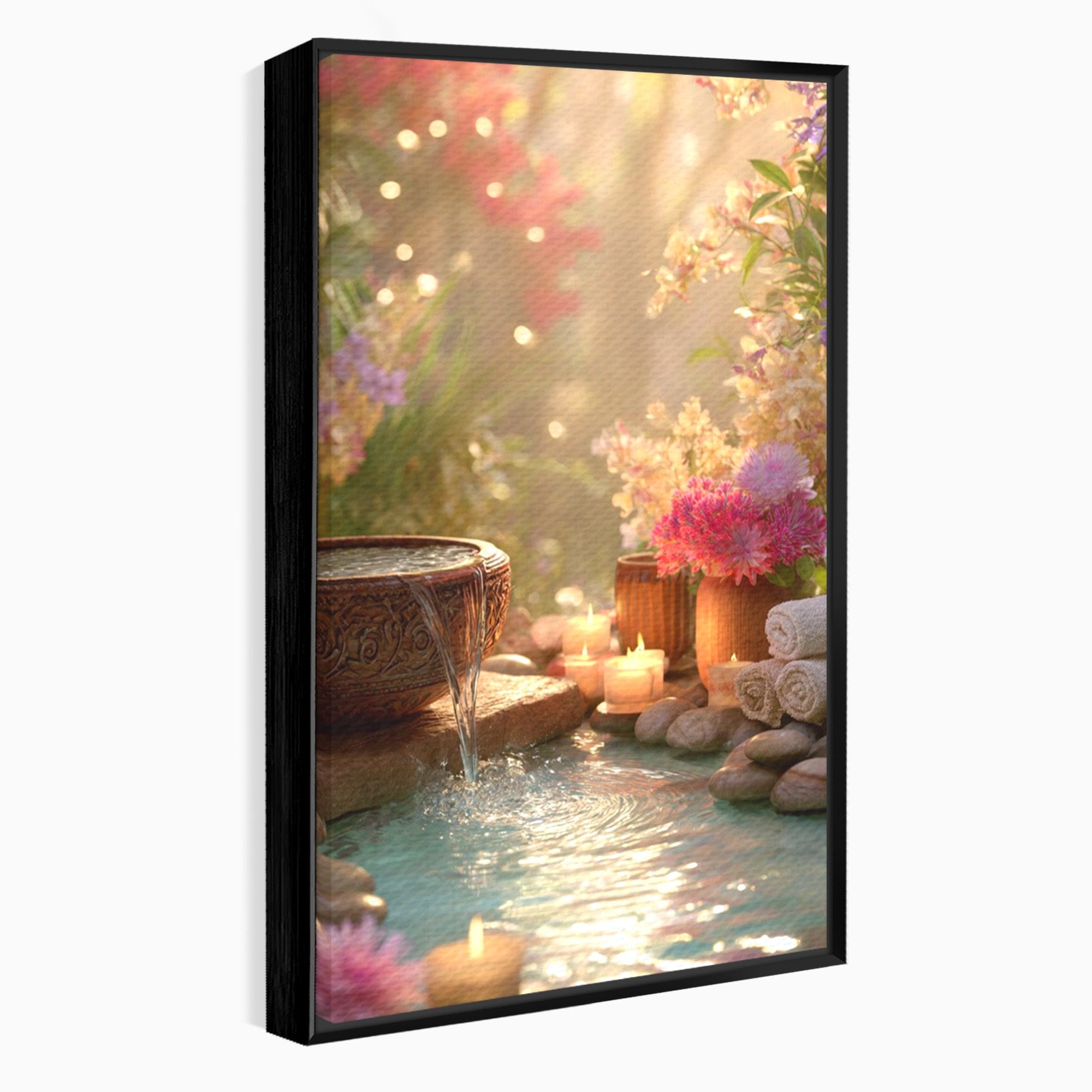 Tablou Canvas Premium LuxCanva® PI1279, Rasarit In Gradina Zen, Oaza, Relaxare, Flori, Spa, Dormitor, Baie, Culori Vibrante