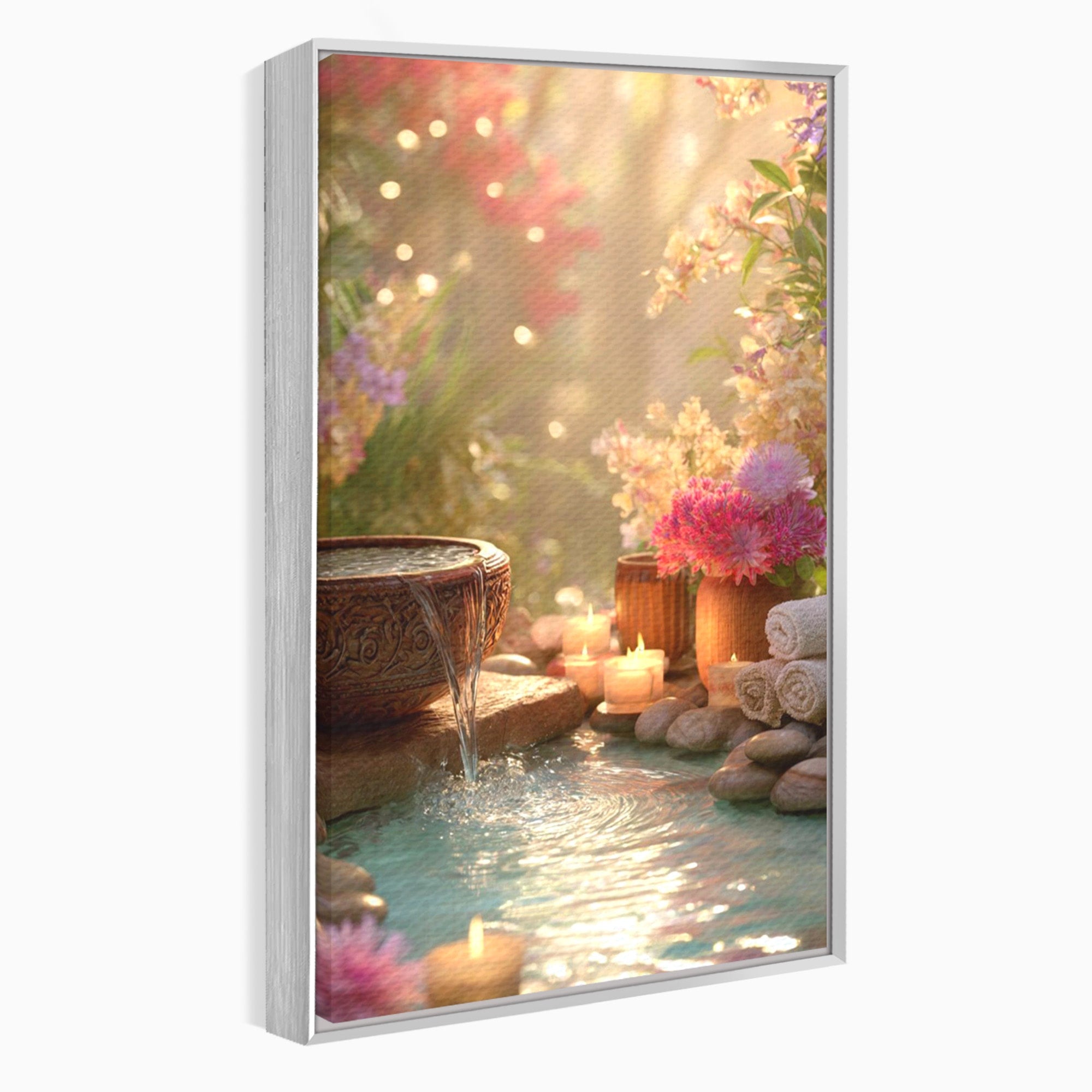 Tablou Canvas Premium LuxCanva® PI1279, Rasarit In Gradina Zen, Oaza, Relaxare, Flori, Spa, Dormitor, Baie, Culori Vibrante