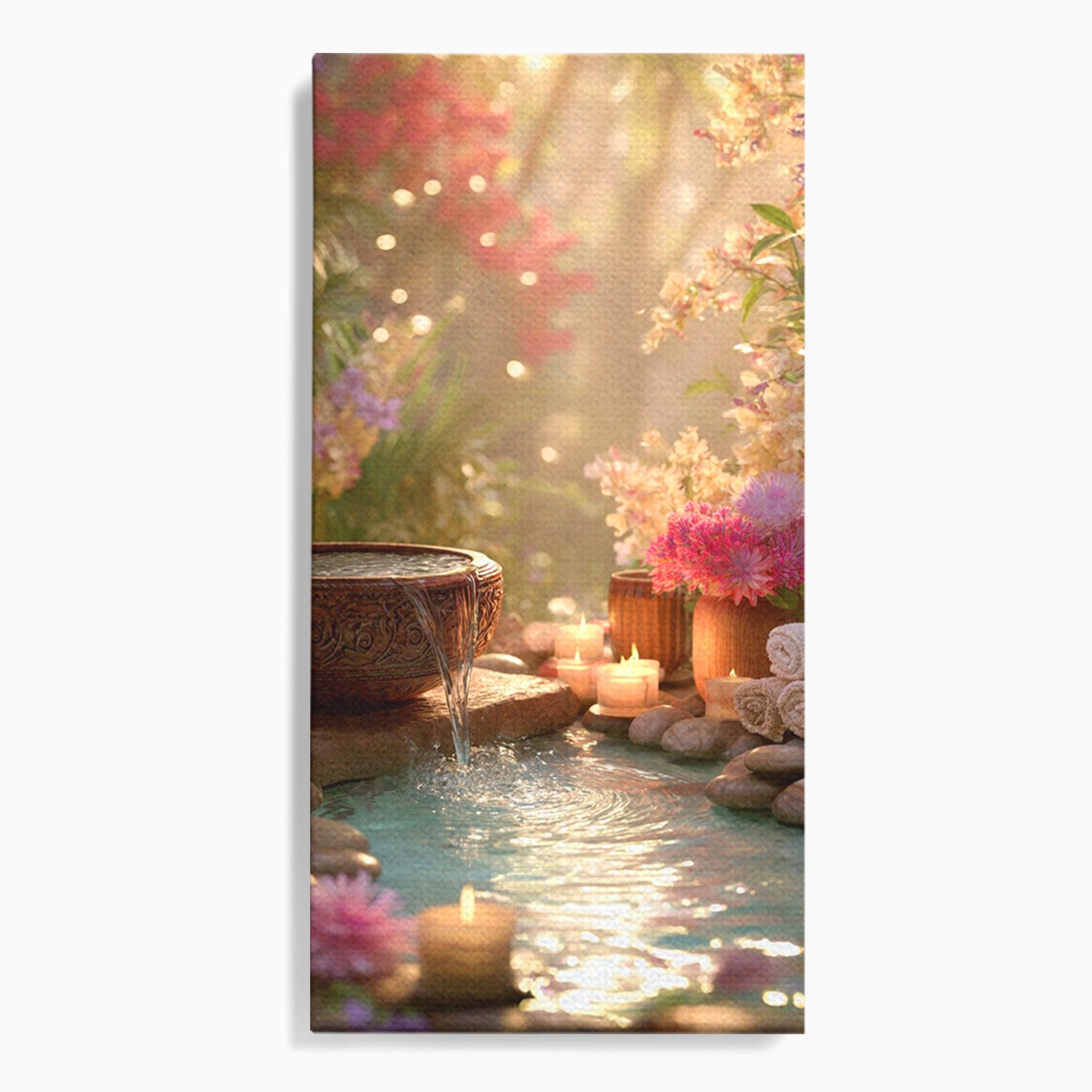 Tablou Canvas Premium LuxCanva® PI1279, Rasarit In Gradina Zen, Oaza, Relaxare, Flori, Spa, Dormitor, Baie, Culori Vibrante
