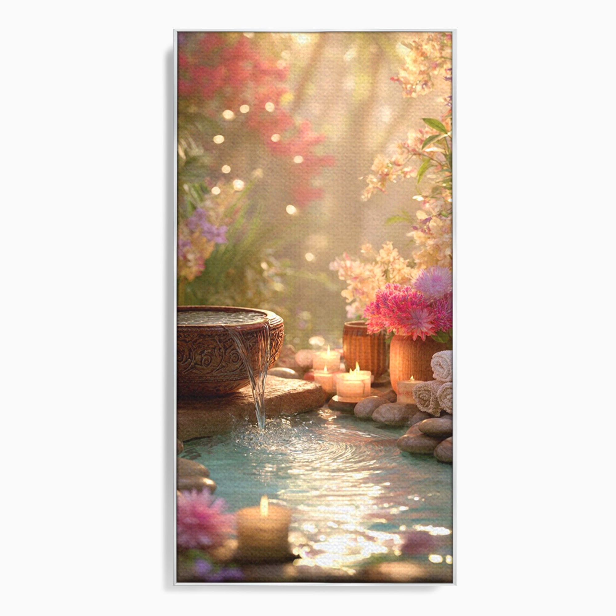 Tablou Canvas Premium LuxCanva® PI1279, Rasarit In Gradina Zen, Oaza, Relaxare, Flori, Spa, Dormitor, Baie, Culori Vibrante