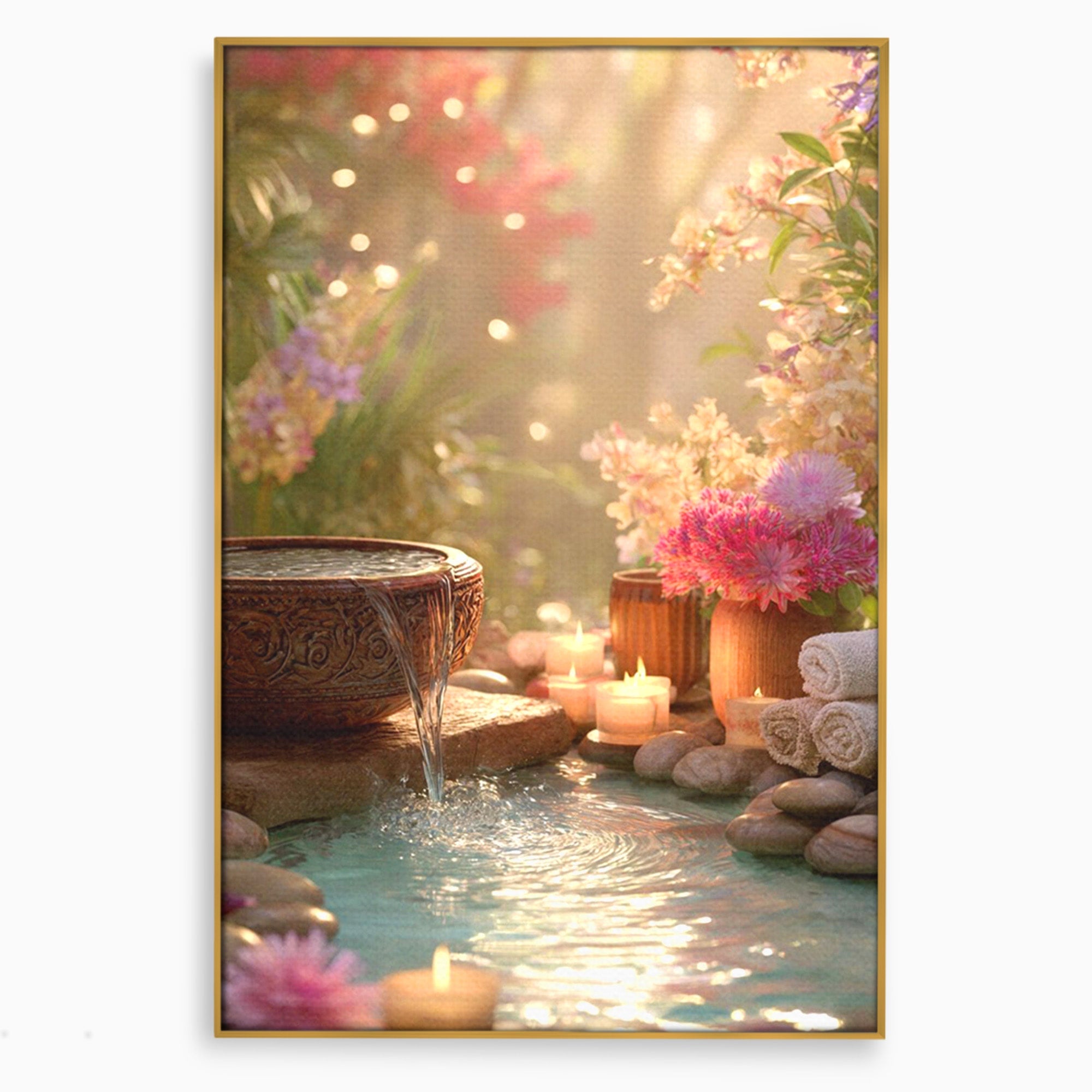 Tablou Canvas Premium LuxCanva® PI1279, Rasarit In Gradina Zen, Oaza, Relaxare, Flori, Spa, Dormitor, Baie, Culori Vibrante