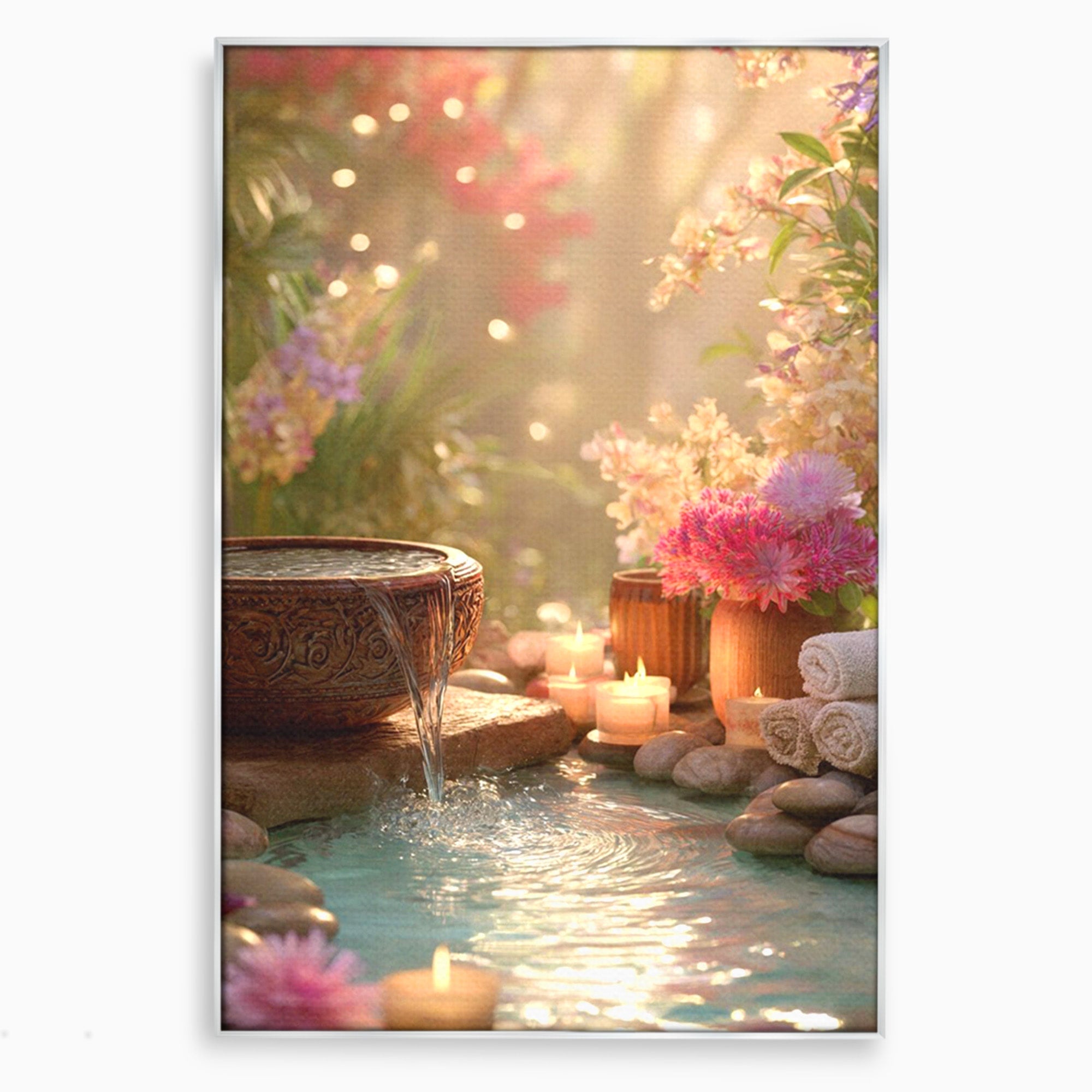 Tablou Canvas Premium LuxCanva® PI1279, Rasarit In Gradina Zen, Oaza, Relaxare, Flori, Spa, Dormitor, Baie, Culori Vibrante