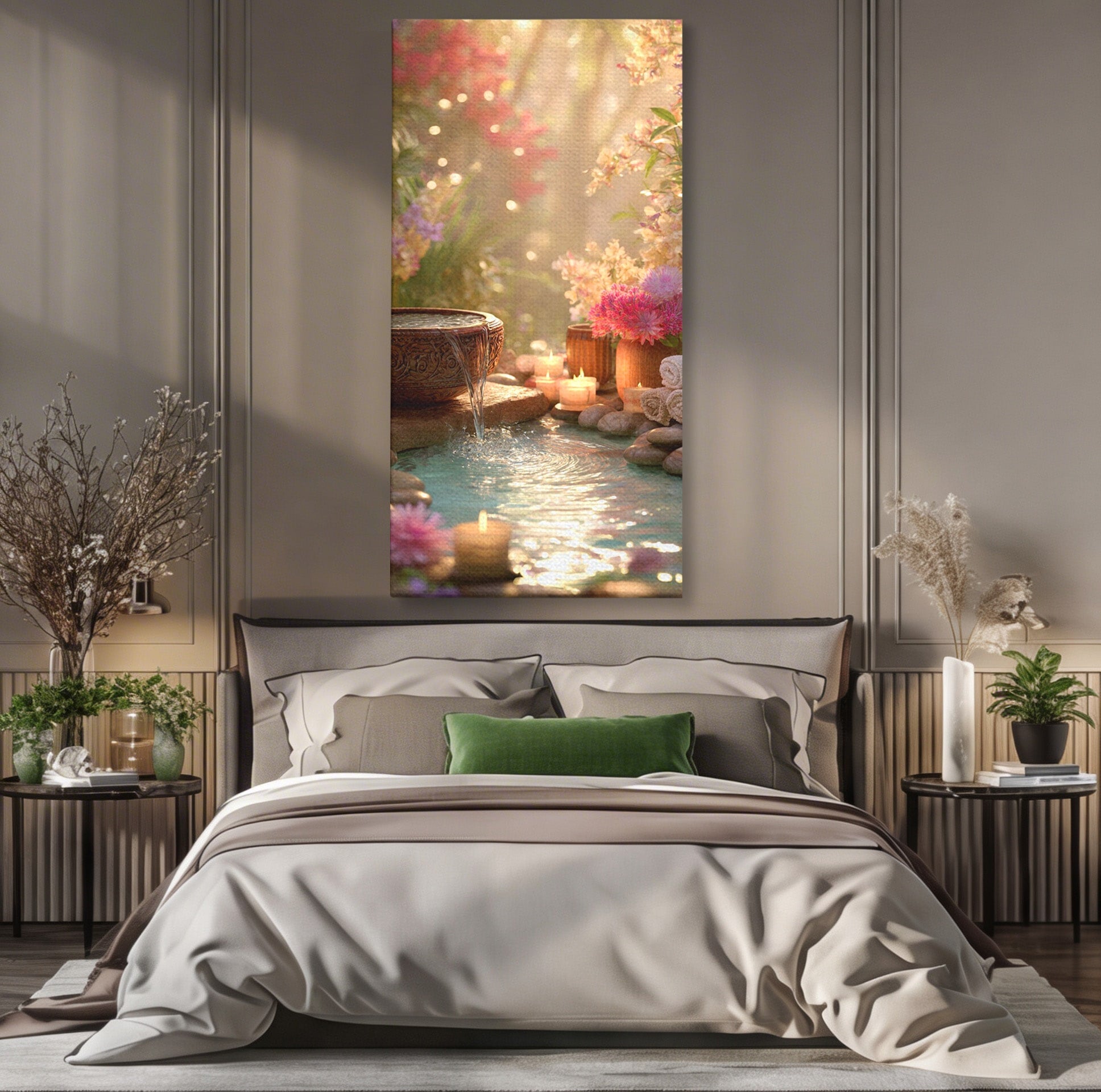 Tablou Canvas Premium LuxCanva® PI1279, Rasarit In Gradina Zen, Oaza, Relaxare, Flori, Spa, Dormitor, Baie, Culori Vibrante