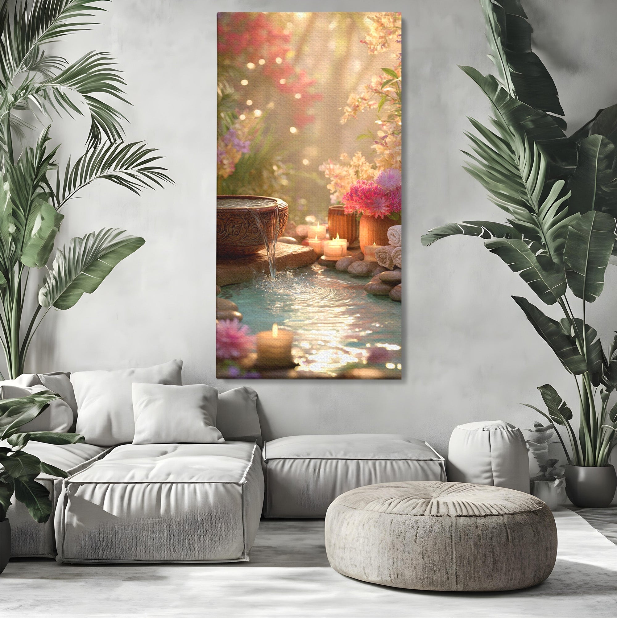 Tablou Canvas Premium LuxCanva® PI1279, Rasarit In Gradina Zen, Oaza, Relaxare, Flori, Spa, Dormitor, Baie, Culori Vibrante