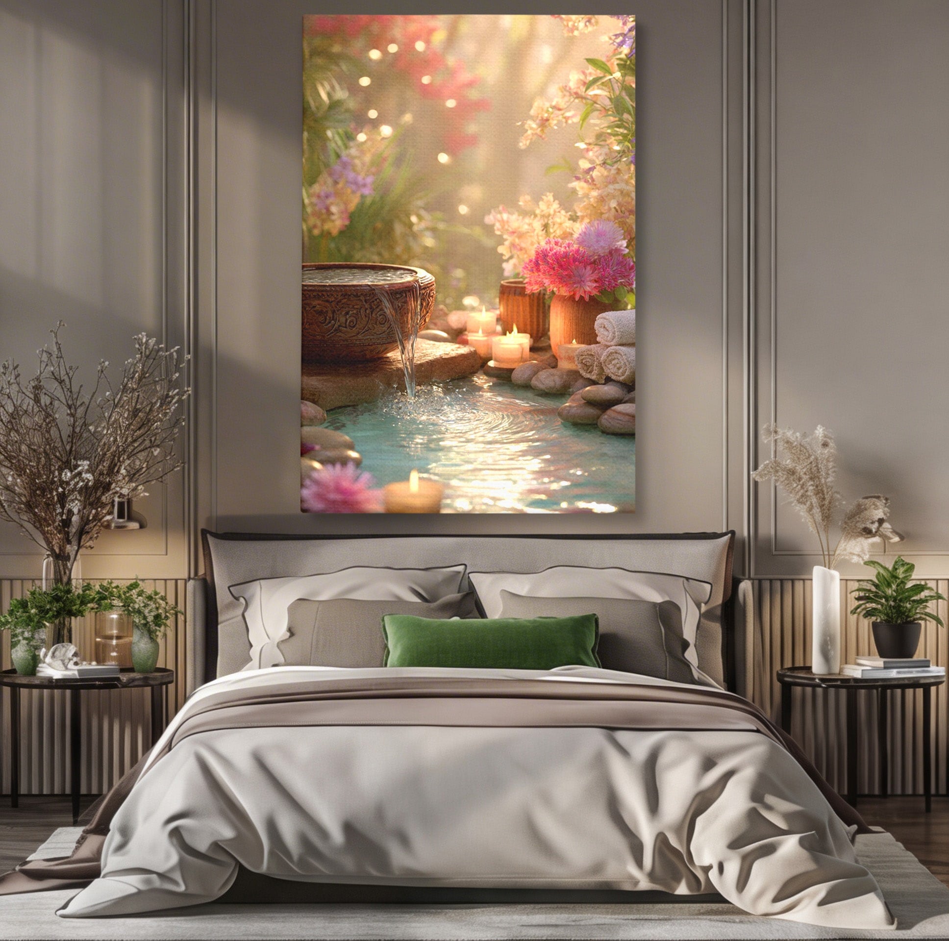 Tablou Canvas Premium LuxCanva® PI1279, Rasarit In Gradina Zen, Oaza, Relaxare, Flori, Spa, Dormitor, Baie, Culori Vibrante