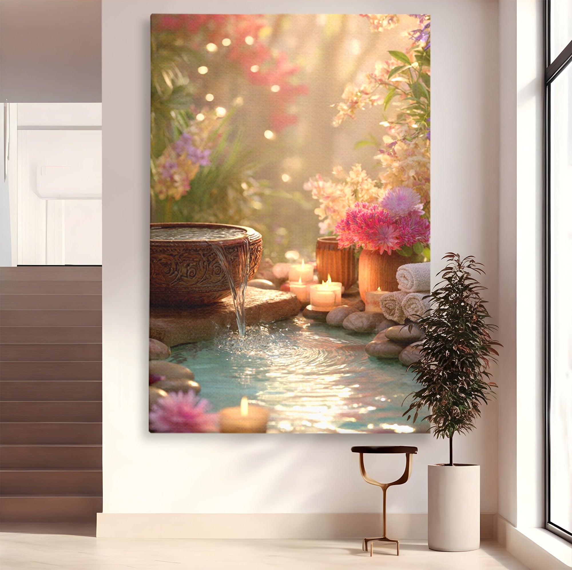 Tablou Canvas Premium LuxCanva® PI1279, Rasarit In Gradina Zen, Oaza, Relaxare, Flori, Spa, Dormitor, Baie, Culori Vibrante