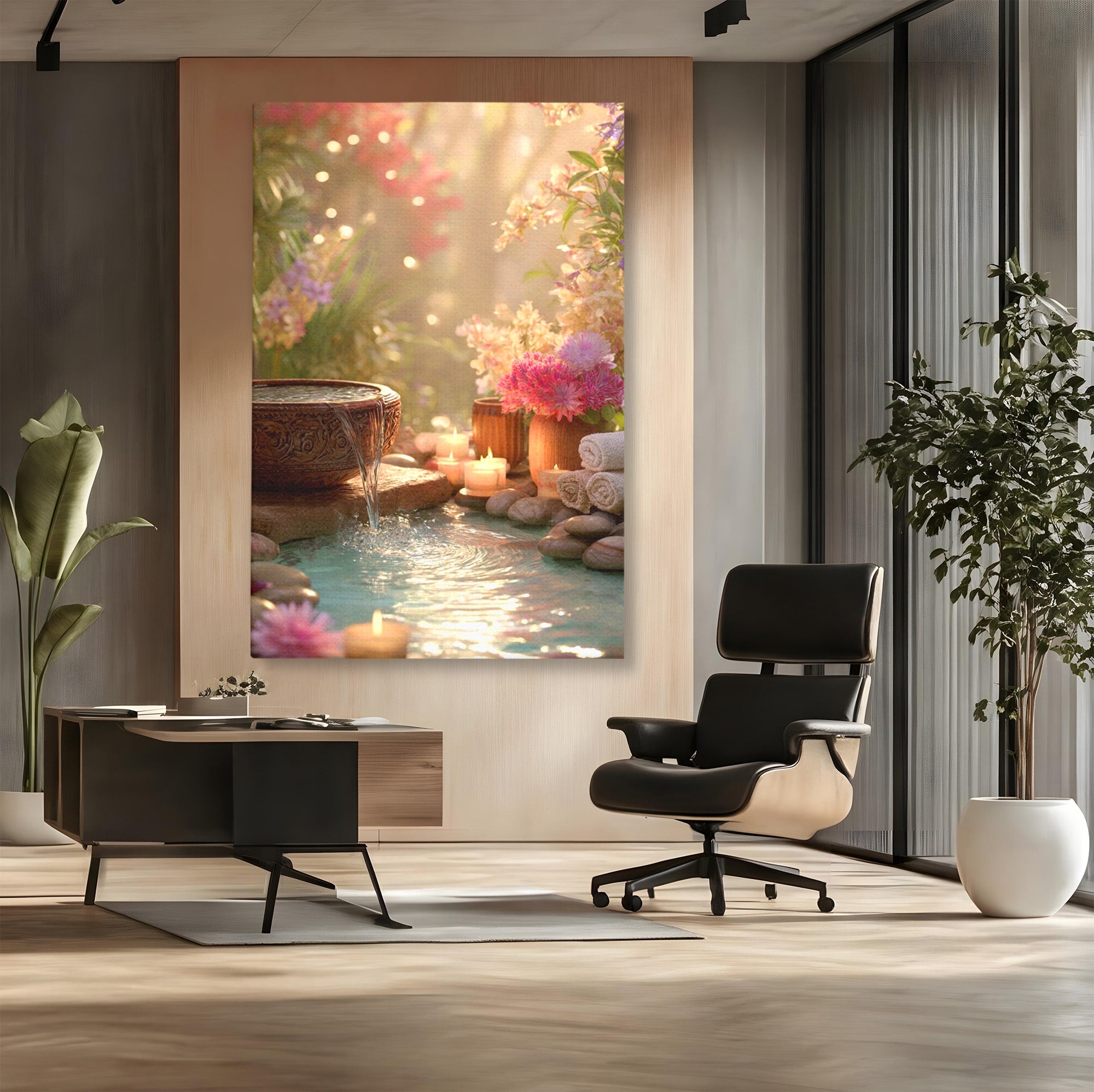 Tablou Canvas Premium LuxCanva® PI1279, Rasarit In Gradina Zen, Oaza, Relaxare, Flori, Spa, Dormitor, Baie, Culori Vibrante
