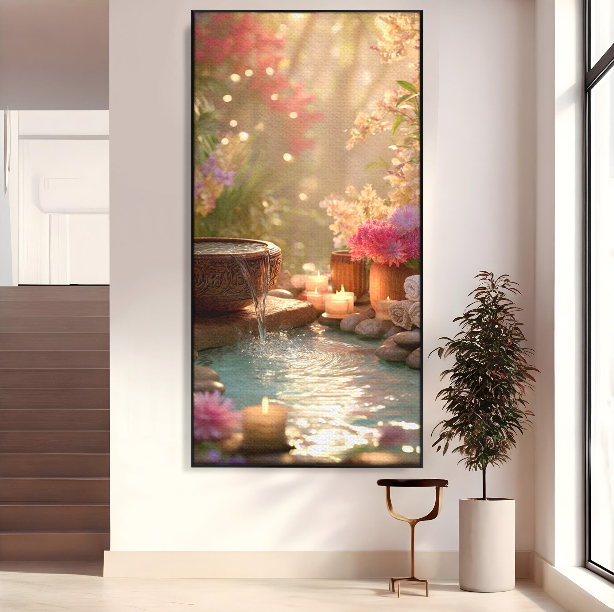 Tablou Canvas Premium LuxCanva® PI1279, Rasarit In Gradina Zen, Oaza, Relaxare, Flori, Spa, Dormitor, Baie, Culori Vibrante