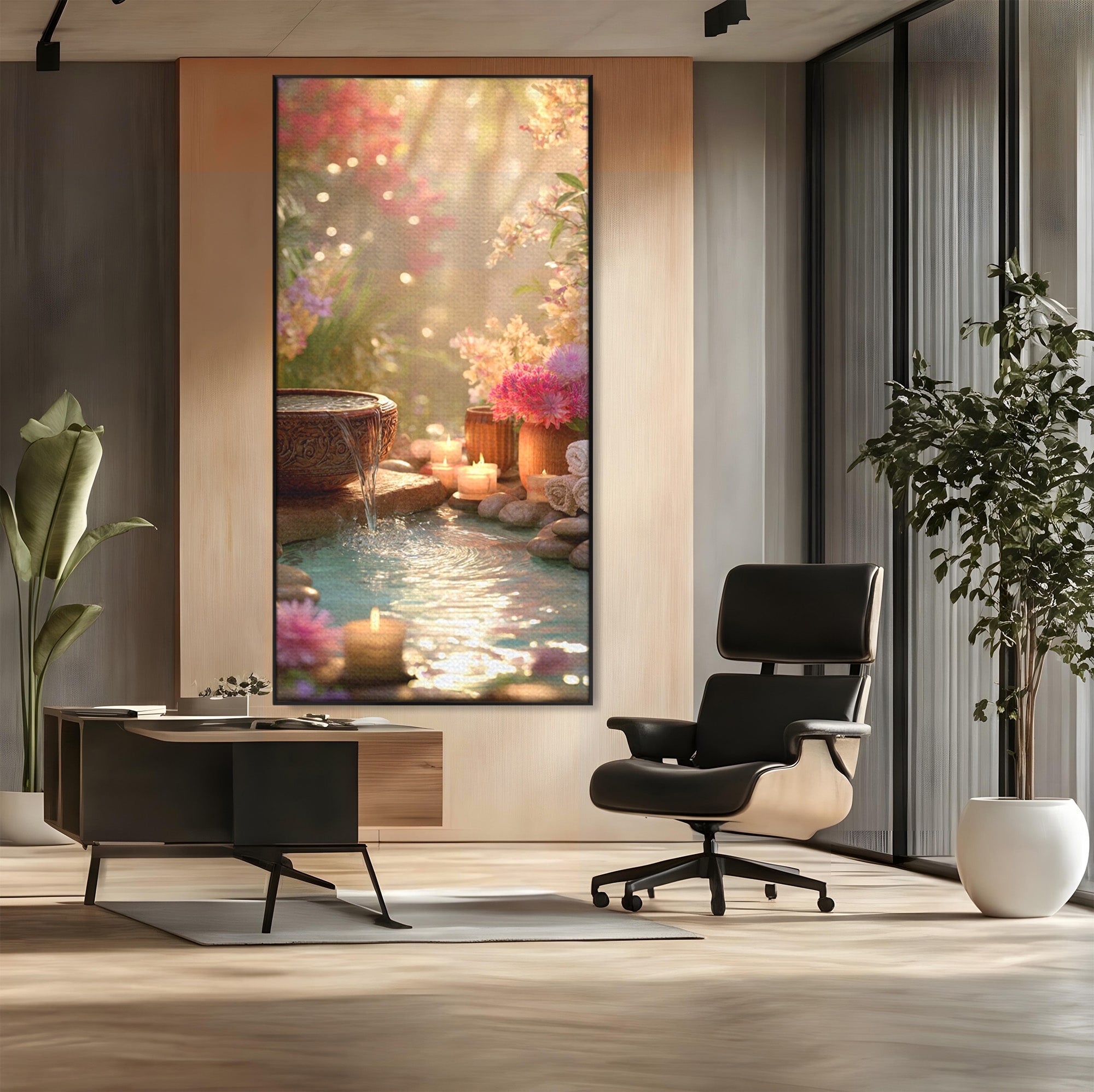 Tablou Canvas Premium LuxCanva® PI1279, Rasarit In Gradina Zen, Oaza, Relaxare, Flori, Spa, Dormitor, Baie, Culori Vibrante