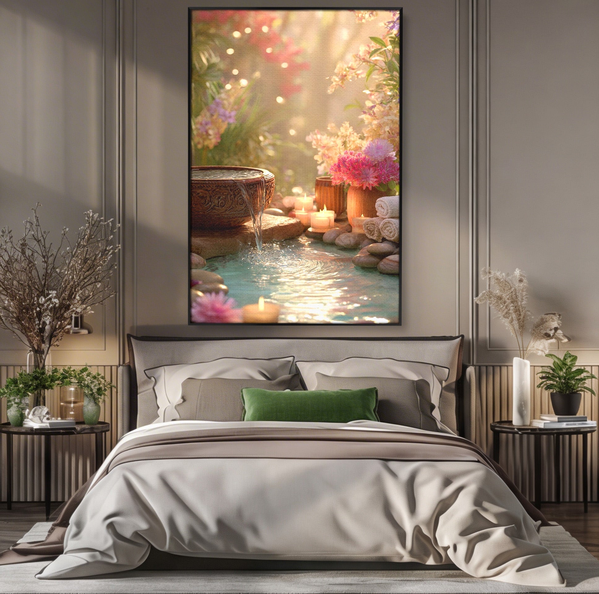 Tablou Canvas Premium LuxCanva® PI1279, Rasarit In Gradina Zen, Oaza, Relaxare, Flori, Spa, Dormitor, Baie, Culori Vibrante