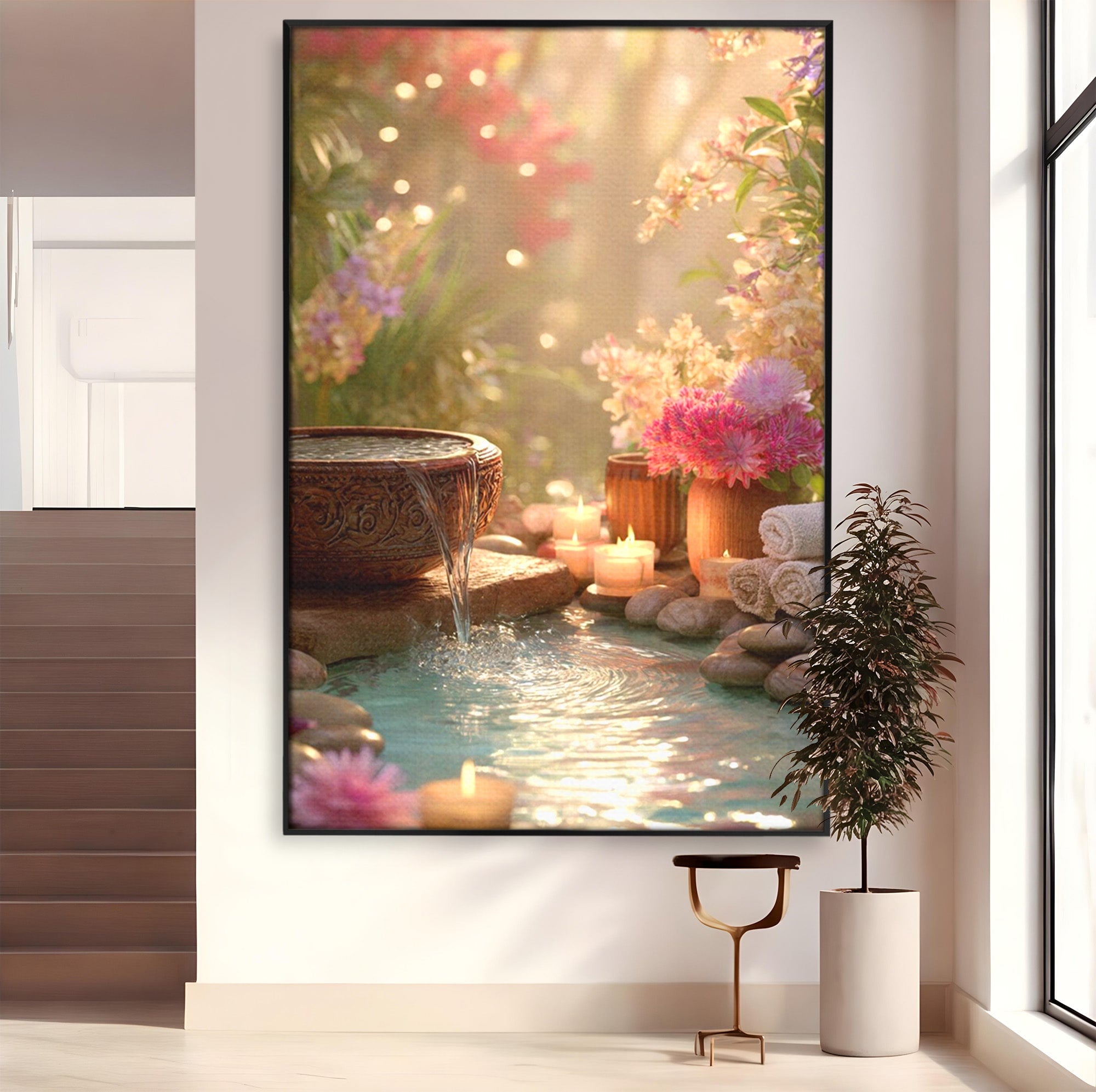 Tablou Canvas Premium LuxCanva® PI1279, Rasarit In Gradina Zen, Oaza, Relaxare, Flori, Spa, Dormitor, Baie, Culori Vibrante