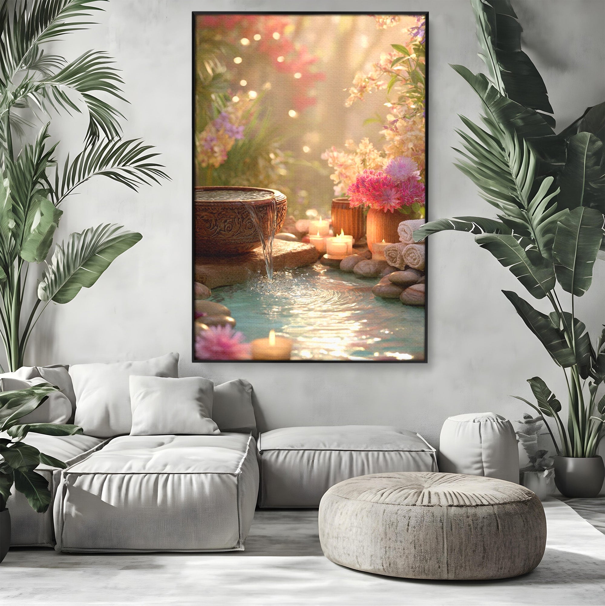 Tablou Canvas Premium LuxCanva® PI1279, Rasarit In Gradina Zen, Oaza, Relaxare, Flori, Spa, Dormitor, Baie, Culori Vibrante
