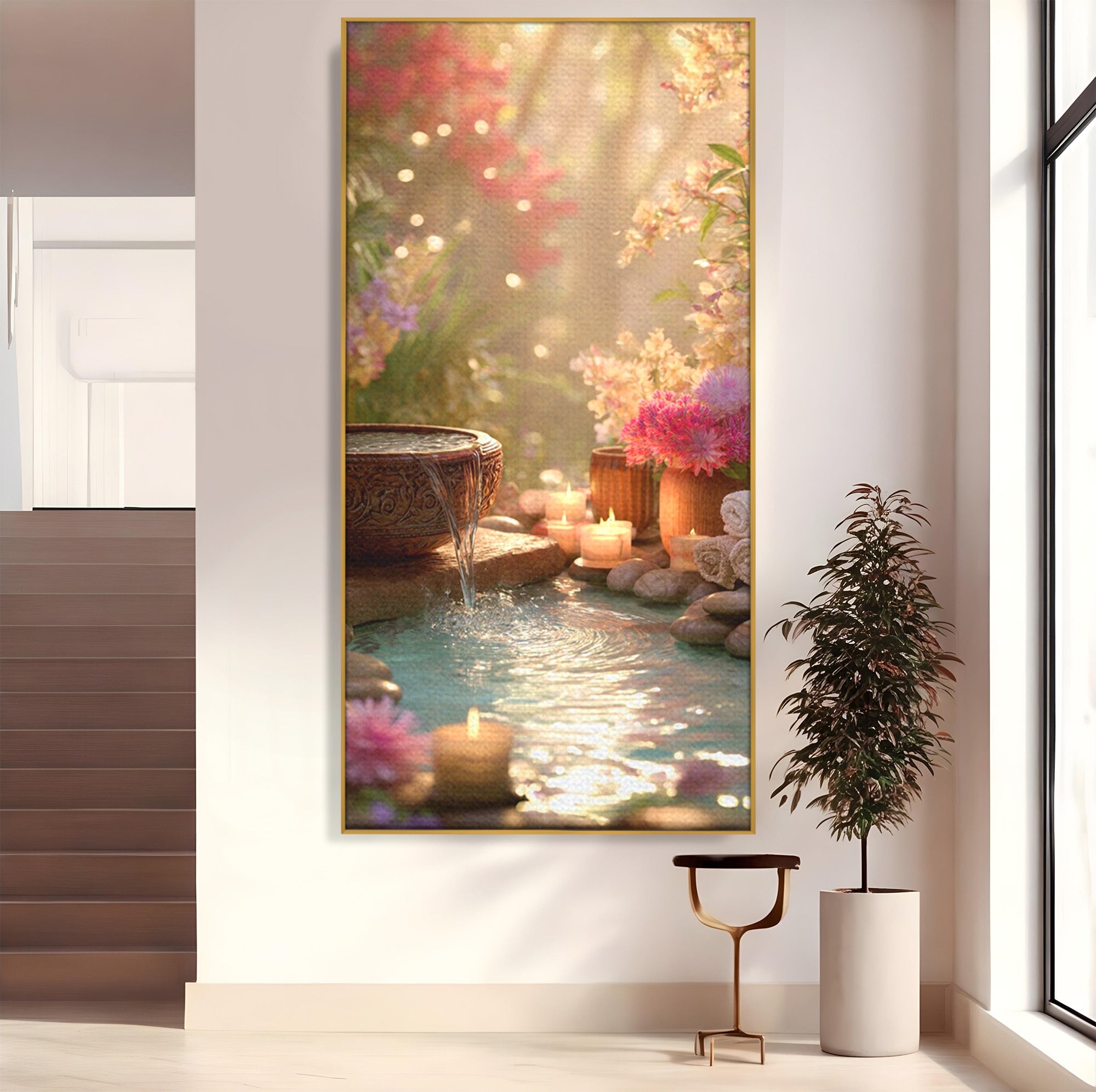 Tablou Canvas Premium LuxCanva® PI1279, Rasarit In Gradina Zen, Oaza, Relaxare, Flori, Spa, Dormitor, Baie, Culori Vibrante