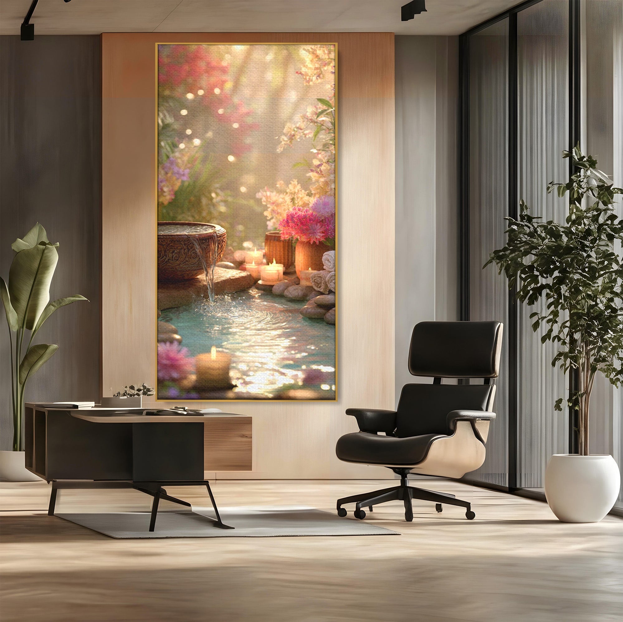 Tablou Canvas Premium LuxCanva® PI1279, Rasarit In Gradina Zen, Oaza, Relaxare, Flori, Spa, Dormitor, Baie, Culori Vibrante